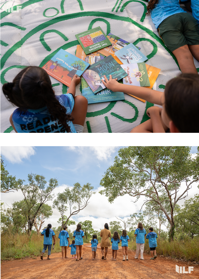 Indigenous Literacy Foundation Images. Children reading books on a blanket with a green design, followed by a group of people in blue shirts walking along a dirt road.