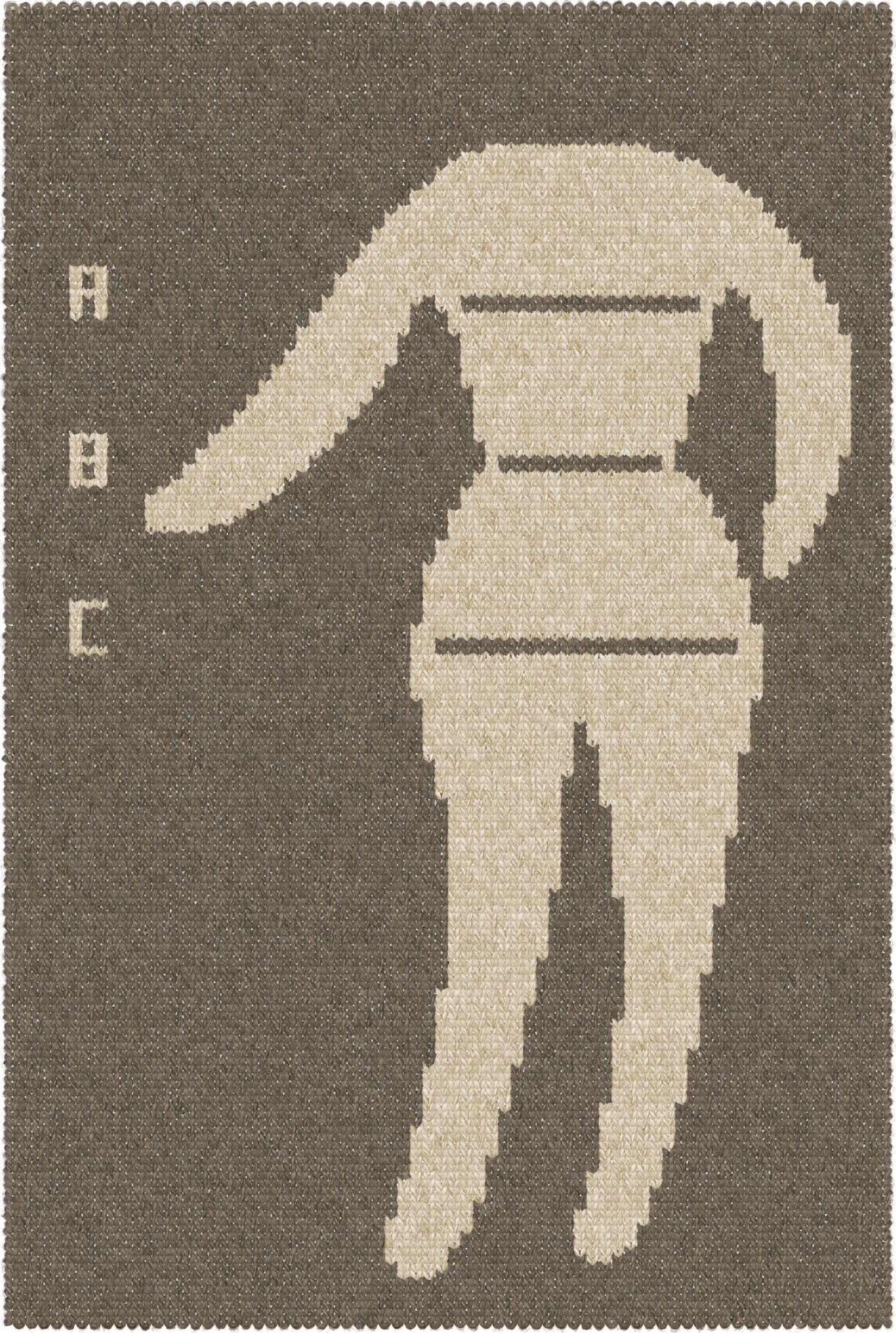 Knitted panel showing stylised body figure and letters as a reference when measuring body for knitwear