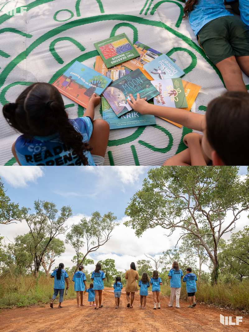 Indigenous Literacy Foundation Images. Children reading books on a blanket with a green design, followed by a group of people in blue shirts walking along a road surrounded by trees.