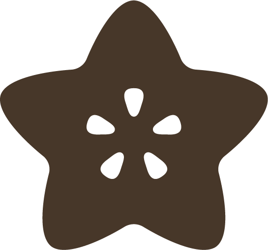 Fruitchouli logo, starfruit shape with five seeds, in brown.