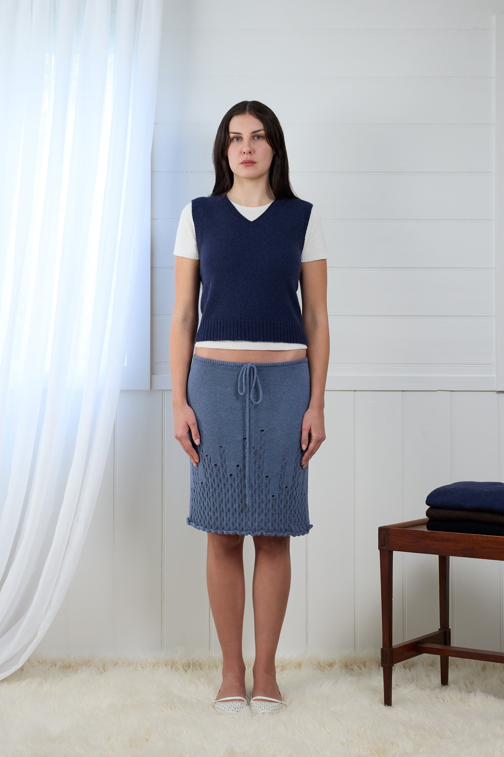 Fruitchouli V-Neck Vest in Navy Yak – Australian knitwear (Front)