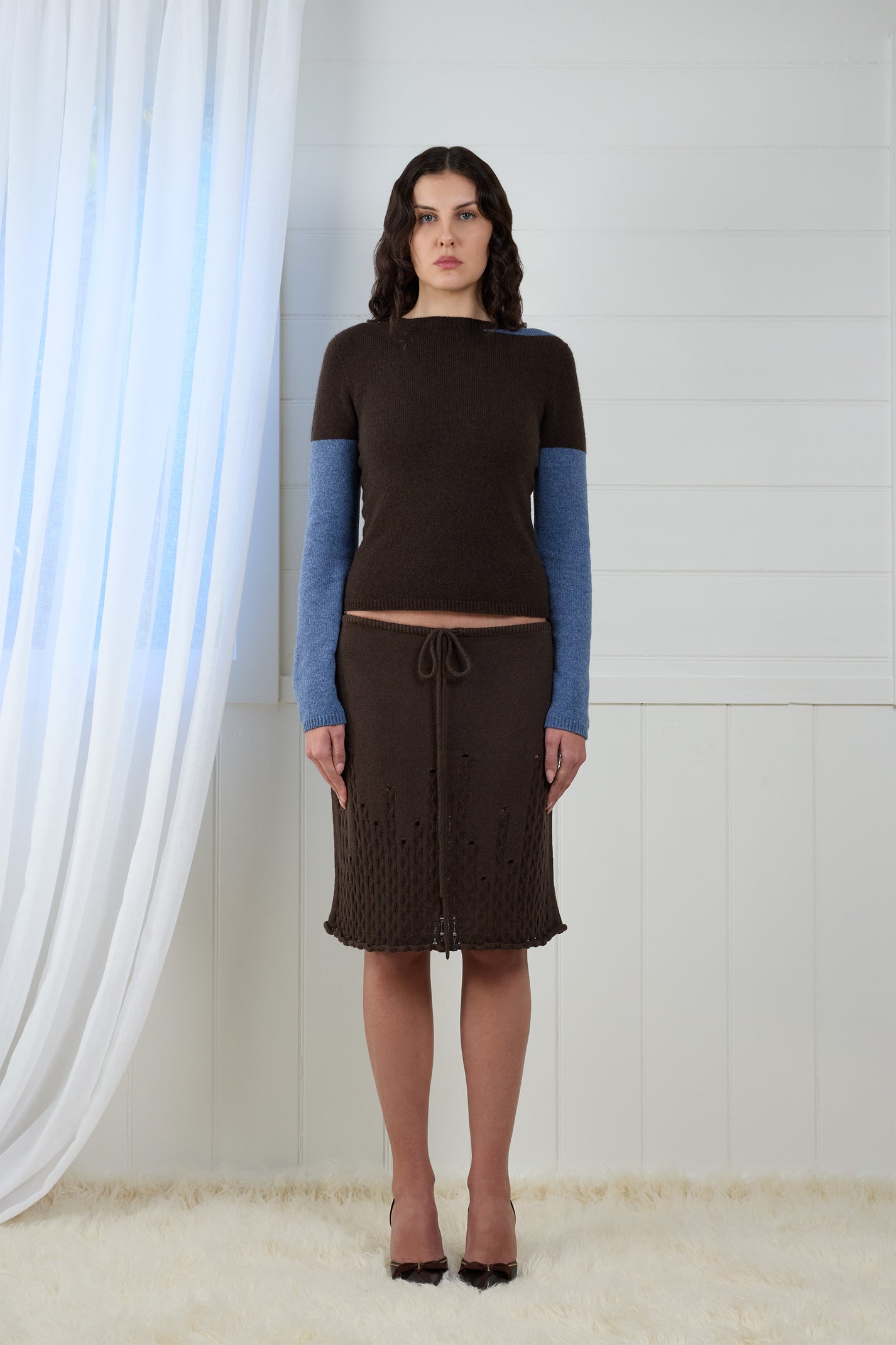 Fruitchouli Contrast Long Sleeve in Natural Brown Denim Yak – Australian knitwear (Front)