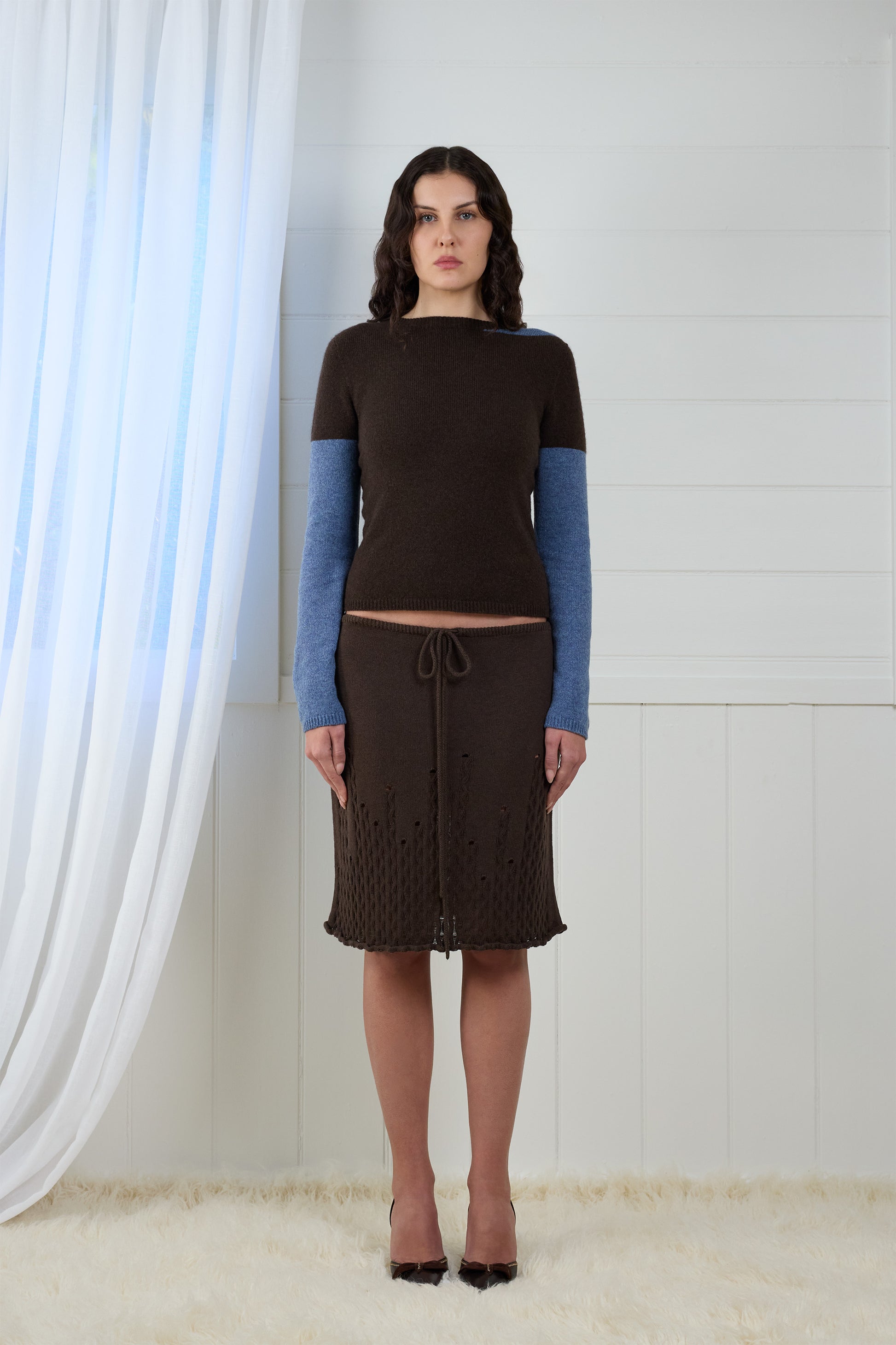 Fruitchouli Contrast Long Sleeve in Natural Brown Denim Yak – Australian knitwear (Front)