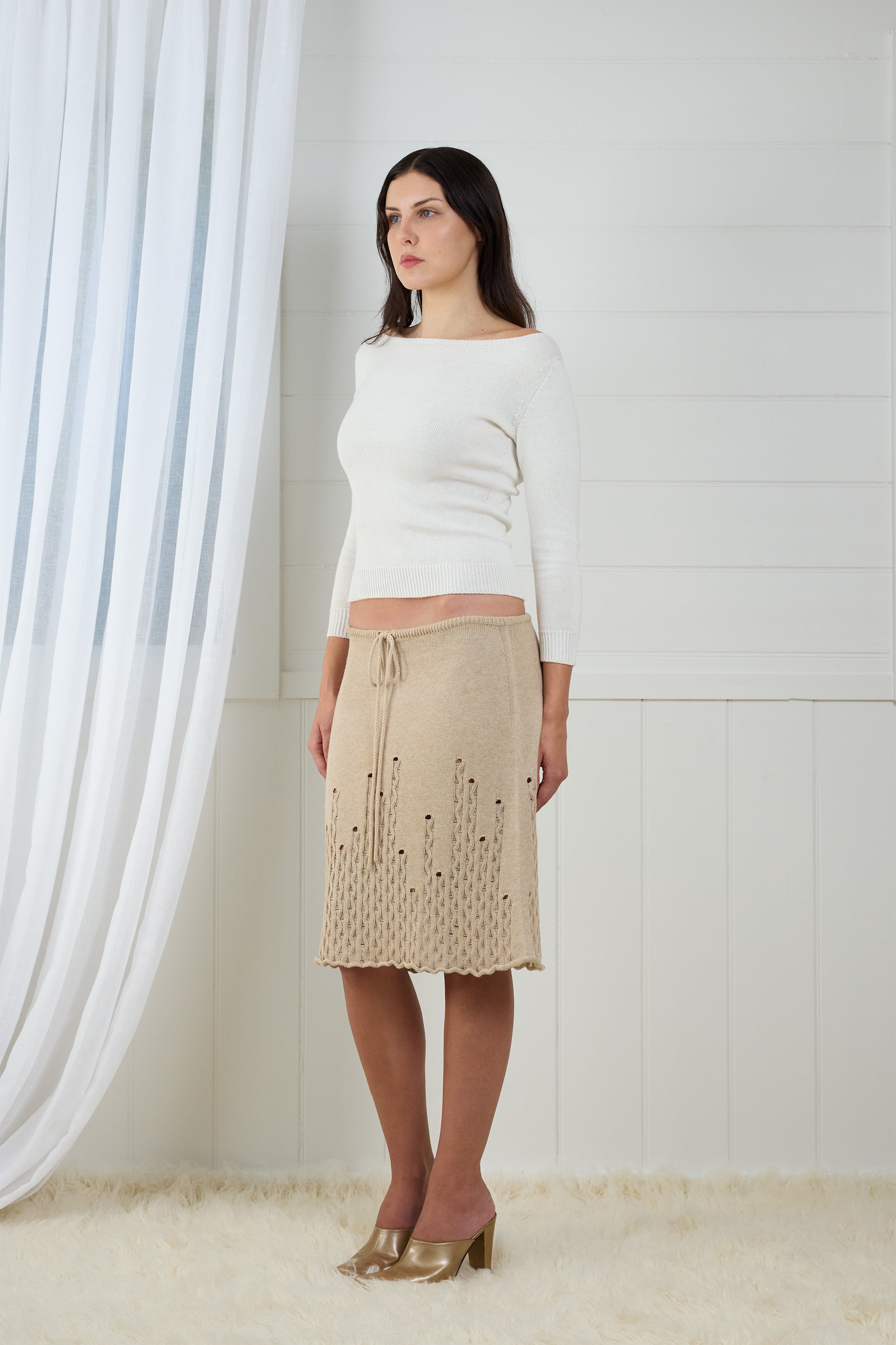 Fruitchouli Fitted Boat Neck in White Organic Cotton SeaCell™ – Australian knitwear (3 Quarter)