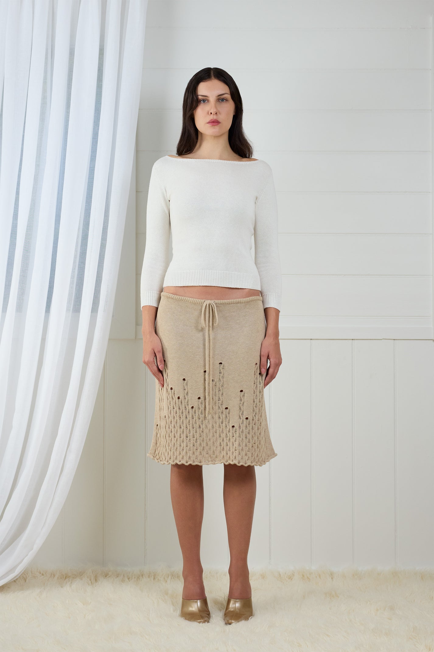 Fruitchouli Fitted Boat Neck in White Organic Cotton SeaCell™ – Australian knitwear (Flat Lay Front)
