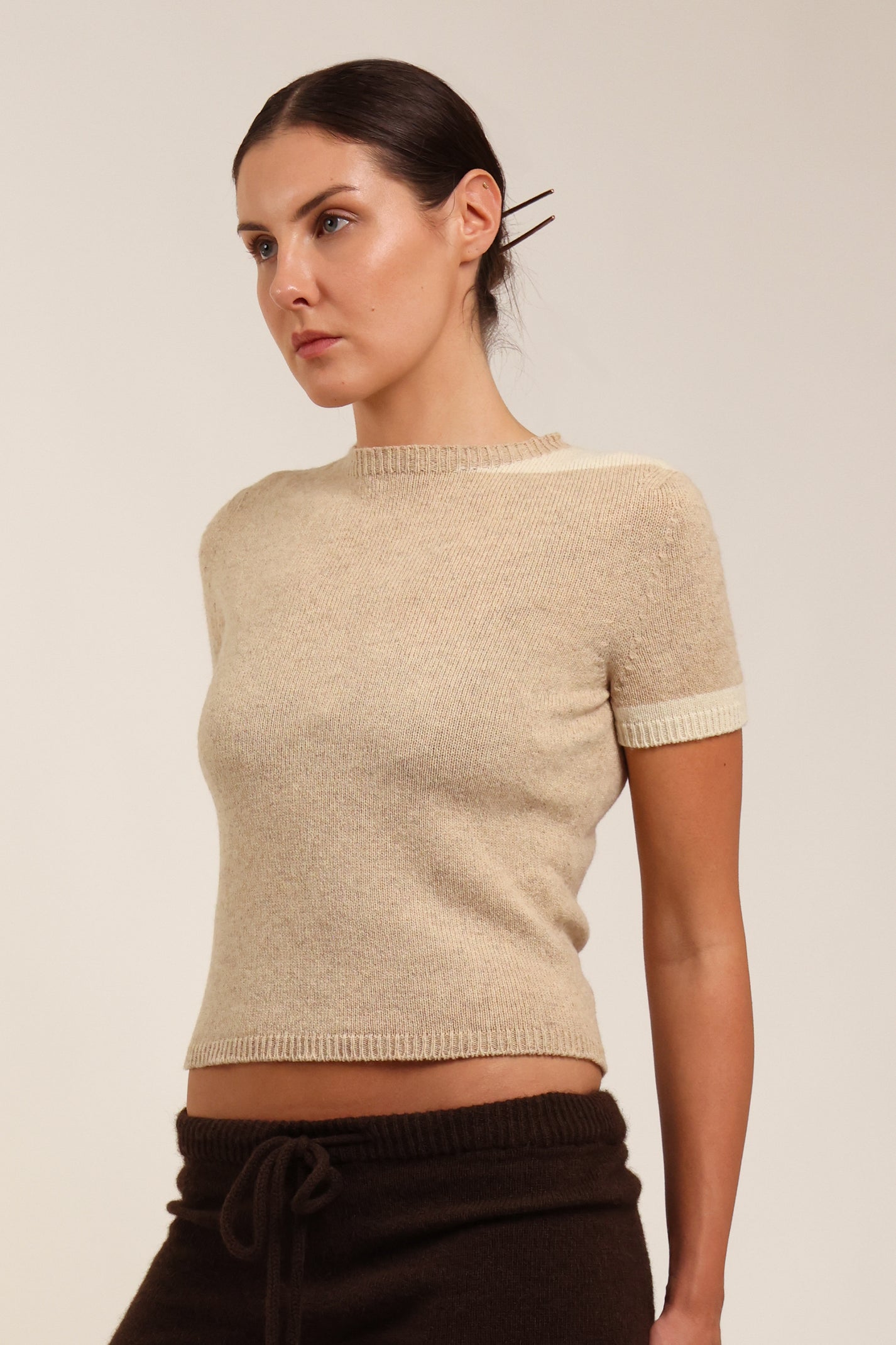 Fruitchouli Contrast T-Shirt in Beige Cream Yak – Australian knitwear (Side Detail)
