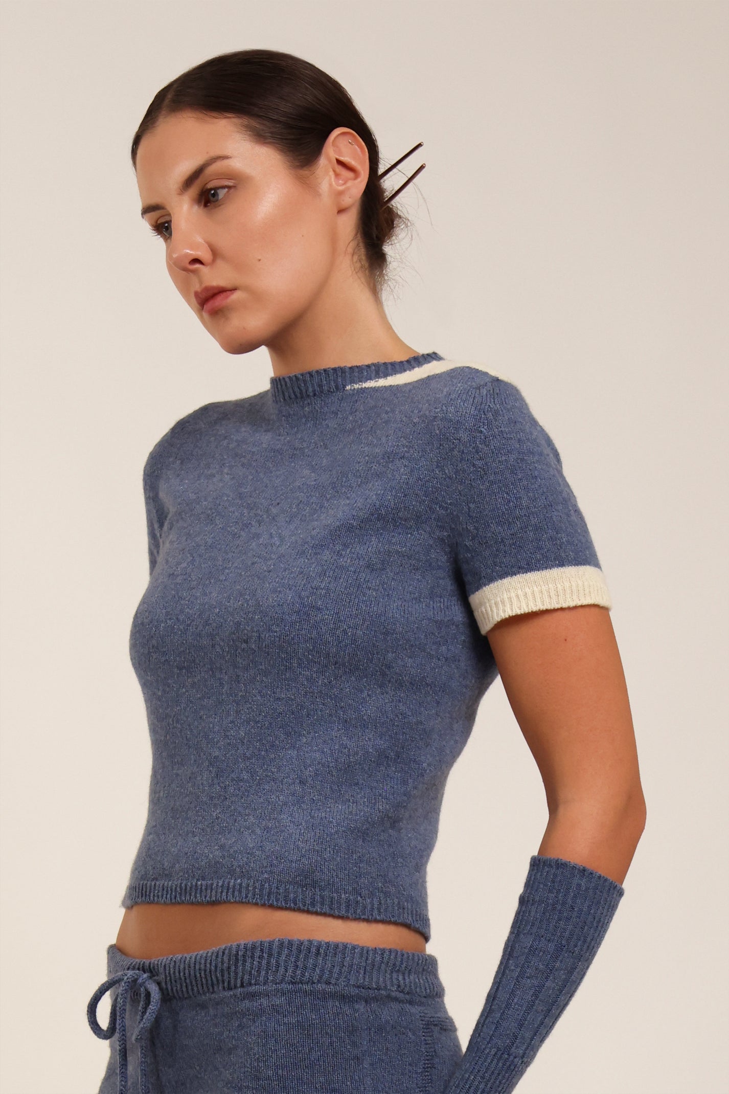 Fruitchouli Contrast T-Shirt in Denim Cream Yak – Australian knitwear (Side Detail)