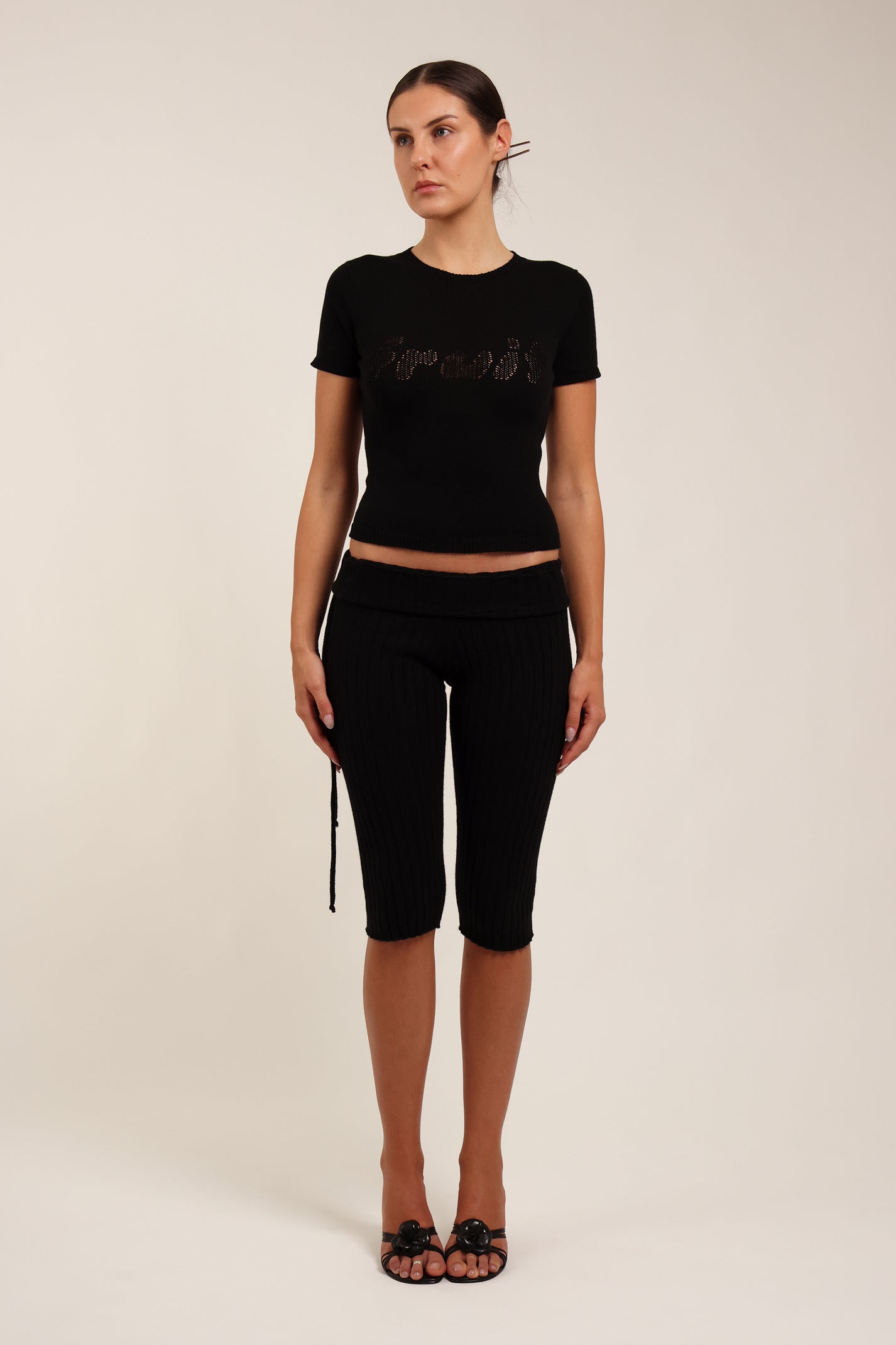 Fruitchouli Fruit Openwork Baby Tee in Black Organic Cotton SeaCell™ – Australian knitwear (Front)