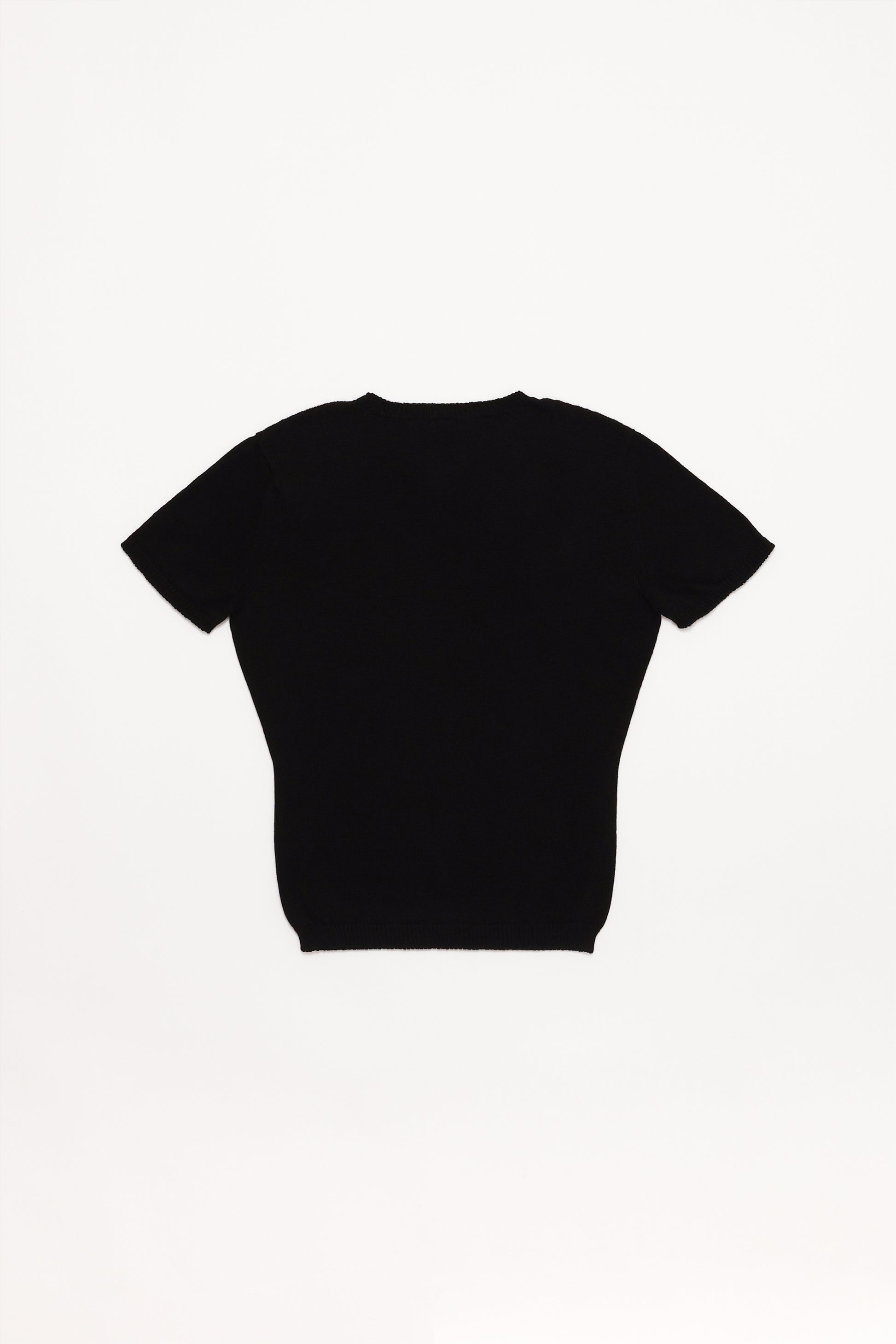 Fruitchouli Fruit Openwork Baby Tee in Black Organic Cotton SeaCell™ – Australian knitwear (Flat Lay Back)