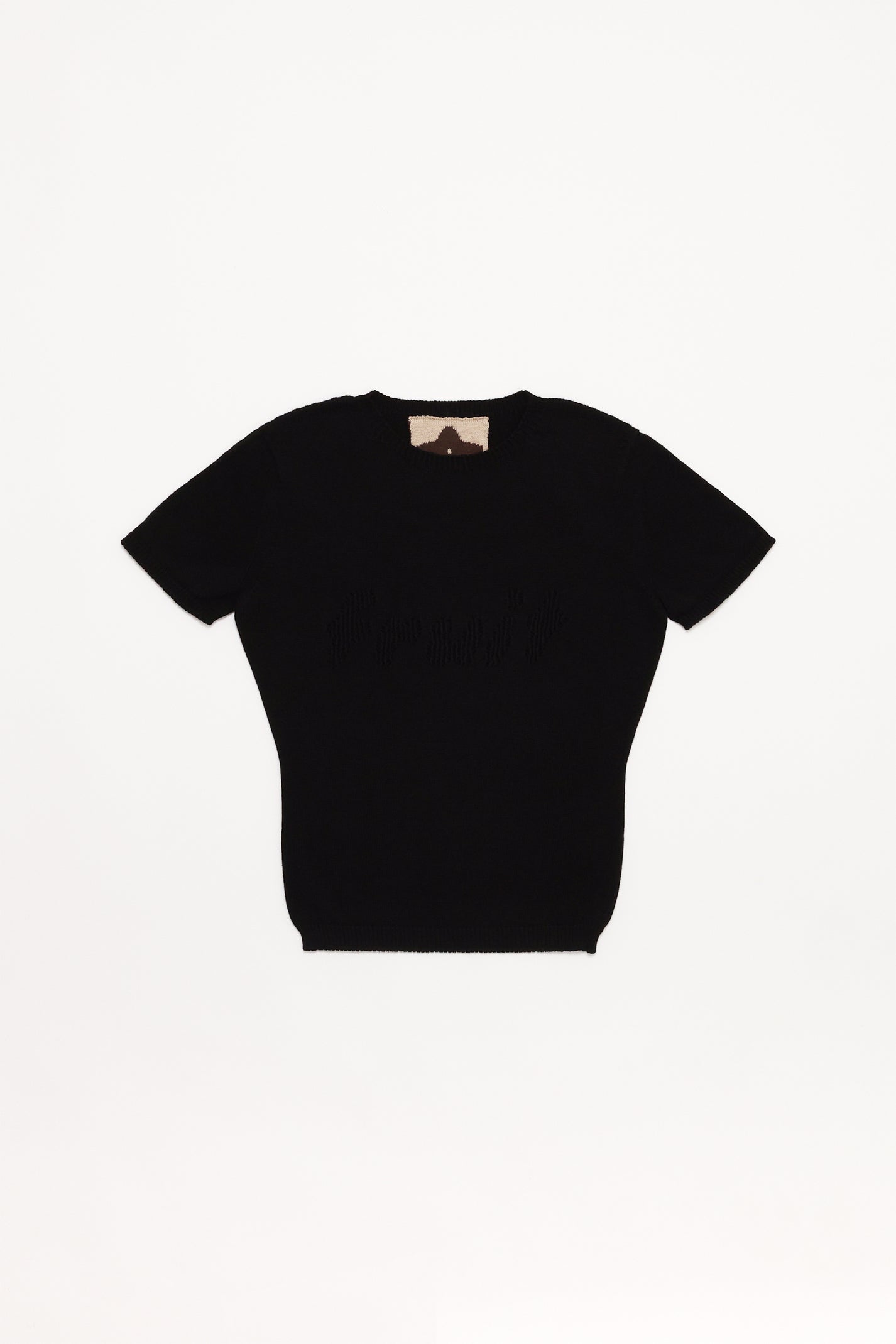 Fruitchouli Fruit Openwork Baby Tee in Black Organic Cotton SeaCell™ – Australian knitwear (Flat Lay Front)
