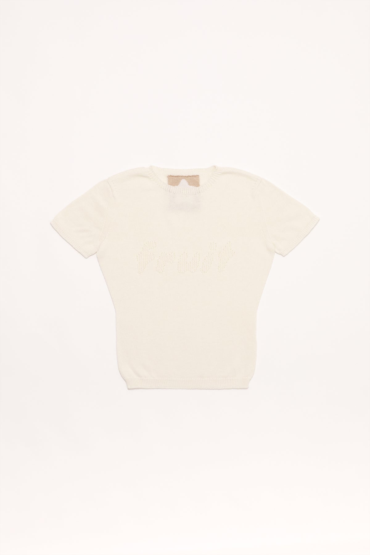 Fruitchouli Fruit Openwork Baby Tee in White Organic Cotton SeaCell™ – Australian knitwear (Flat Lay Front)