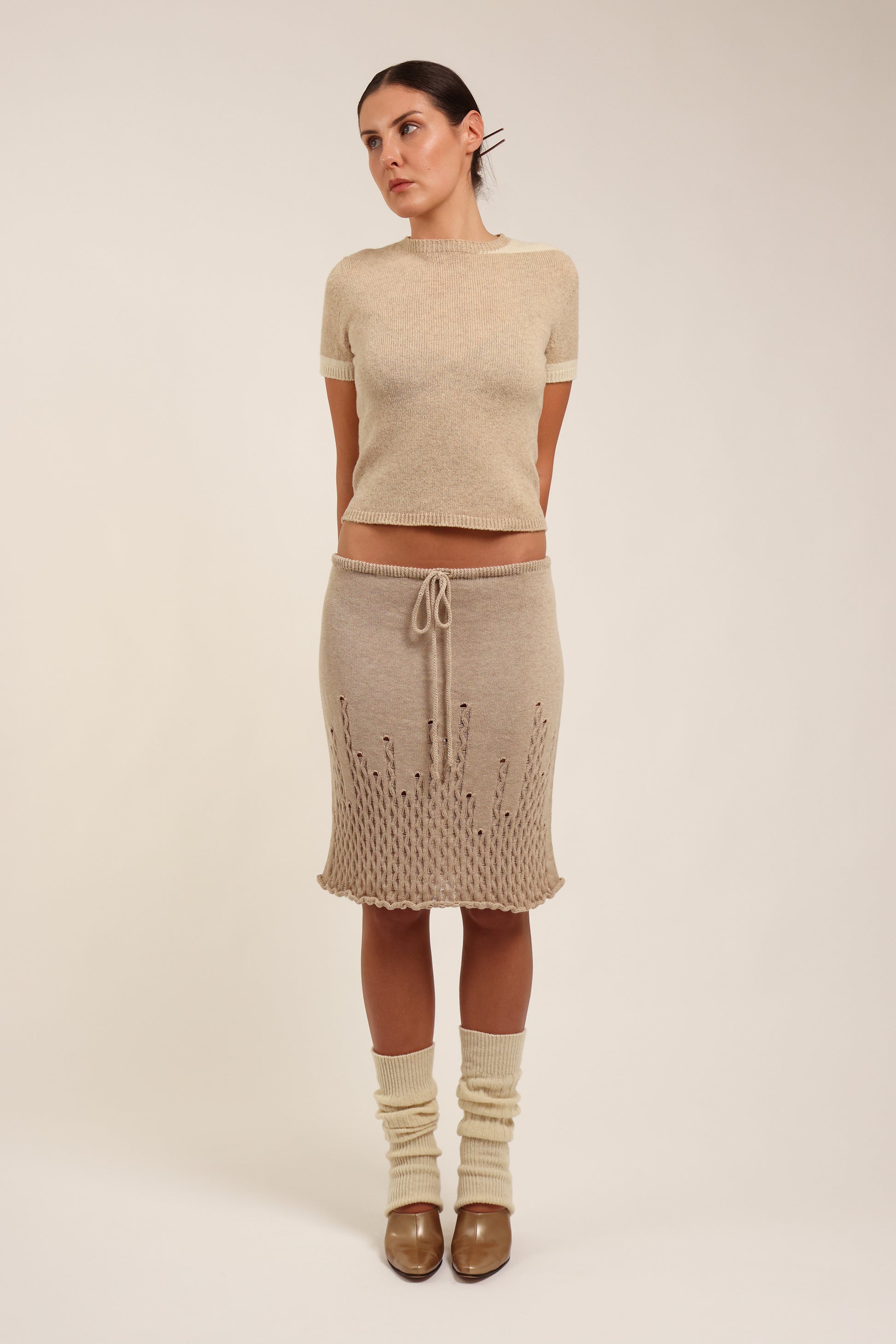 Fruitchouli Ladder Illusion Skirt in Beige Organic Cotton Cashmere – Australian knitwear (Front)