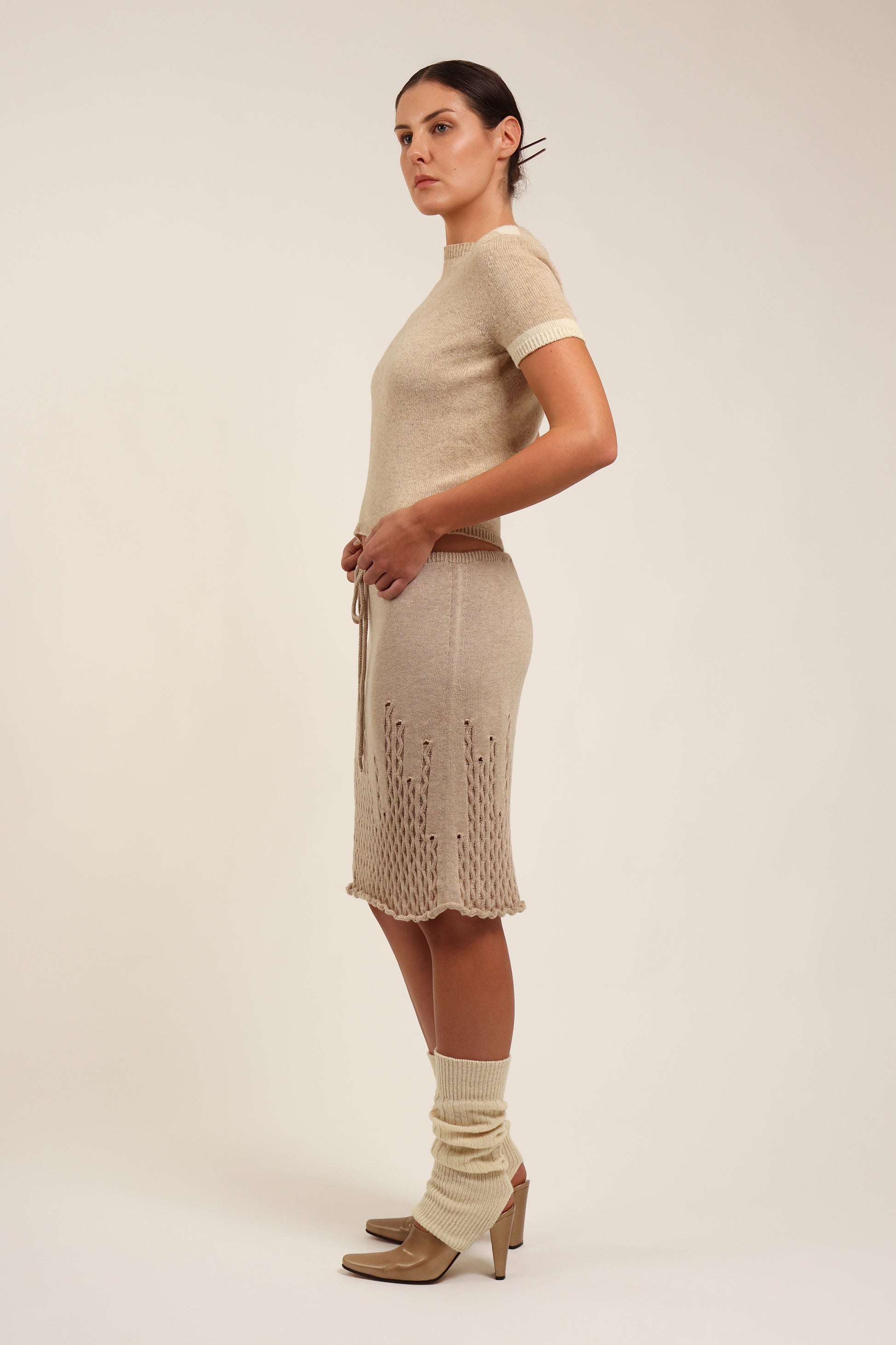 Fruitchouli Ladder Illusion Skirt in Beige Organic Cotton Cashmere – Australian knitwear (Side)