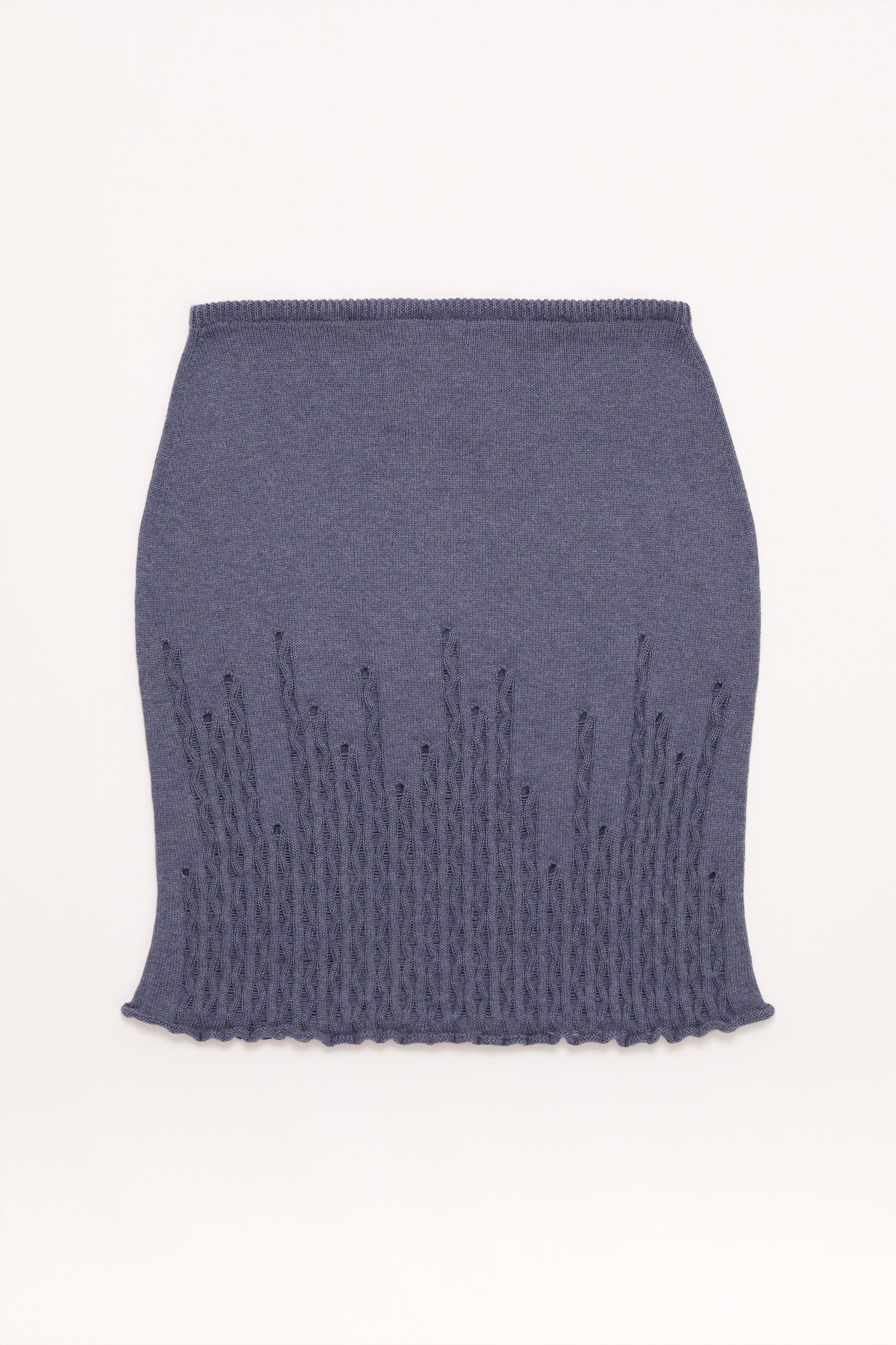 Fruitchouli Ladder Illusion Skirt in Denim Organic Cotton Cashmere – Australian knitwear (Flat Lay Back)