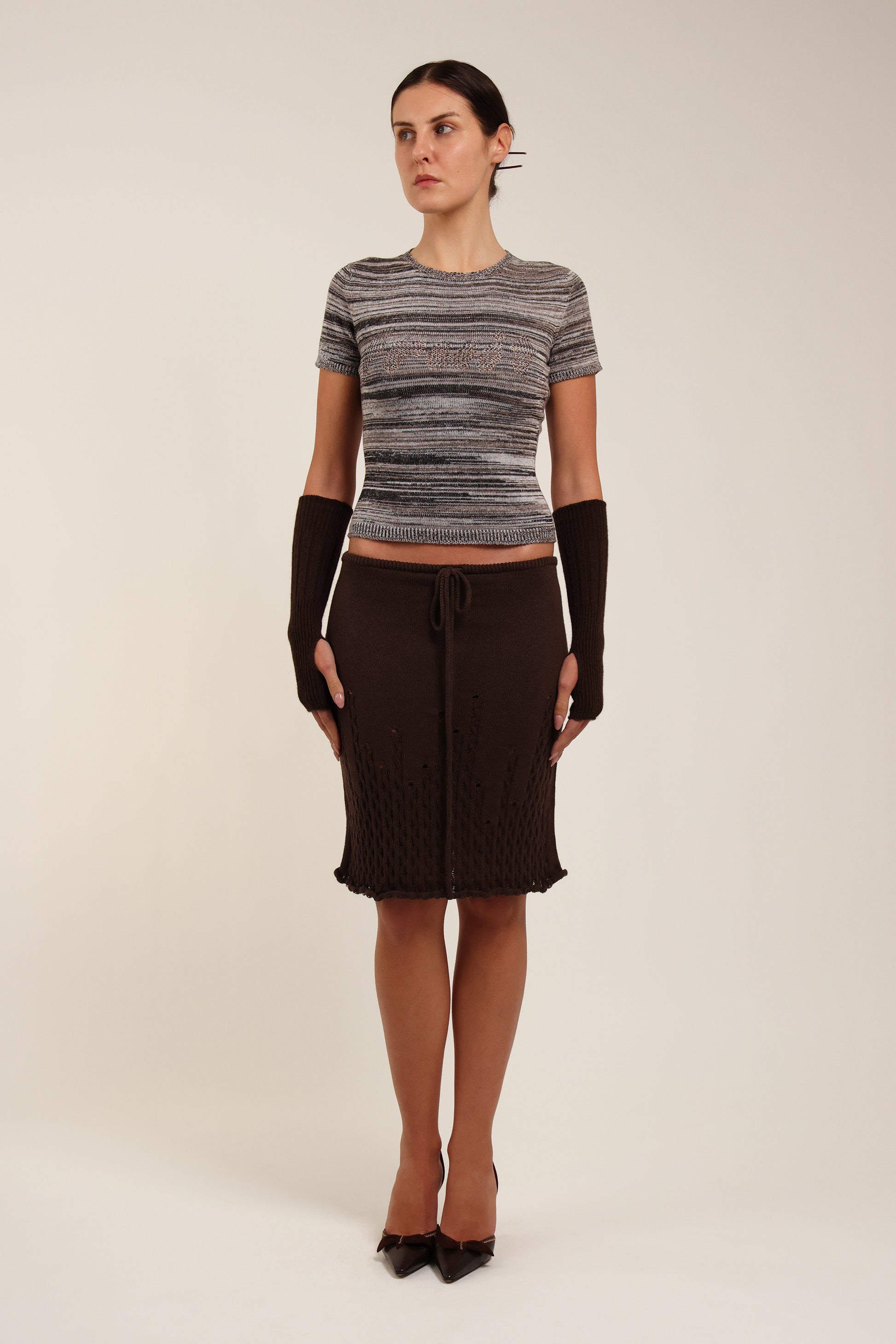 Fruitchouli Ladder Illusion Skirt in Fruitchouli Brown Organic Cotton Cashmere – Australian knitwear (Front)