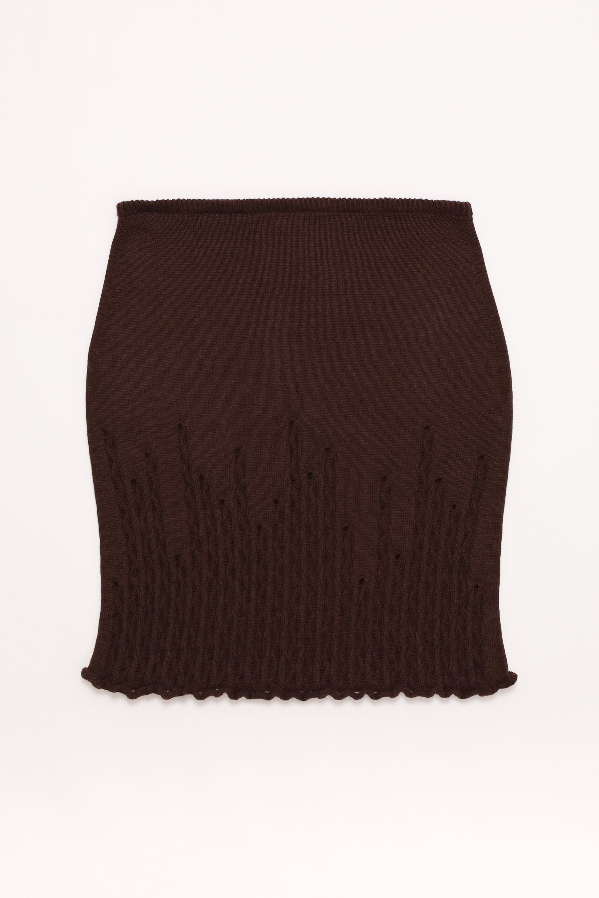 Fruitchouli Ladder Illusion Skirt in Fruitchouli Brown Organic Cotton Cashmere – Australian knitwear (Flat Lay Back)