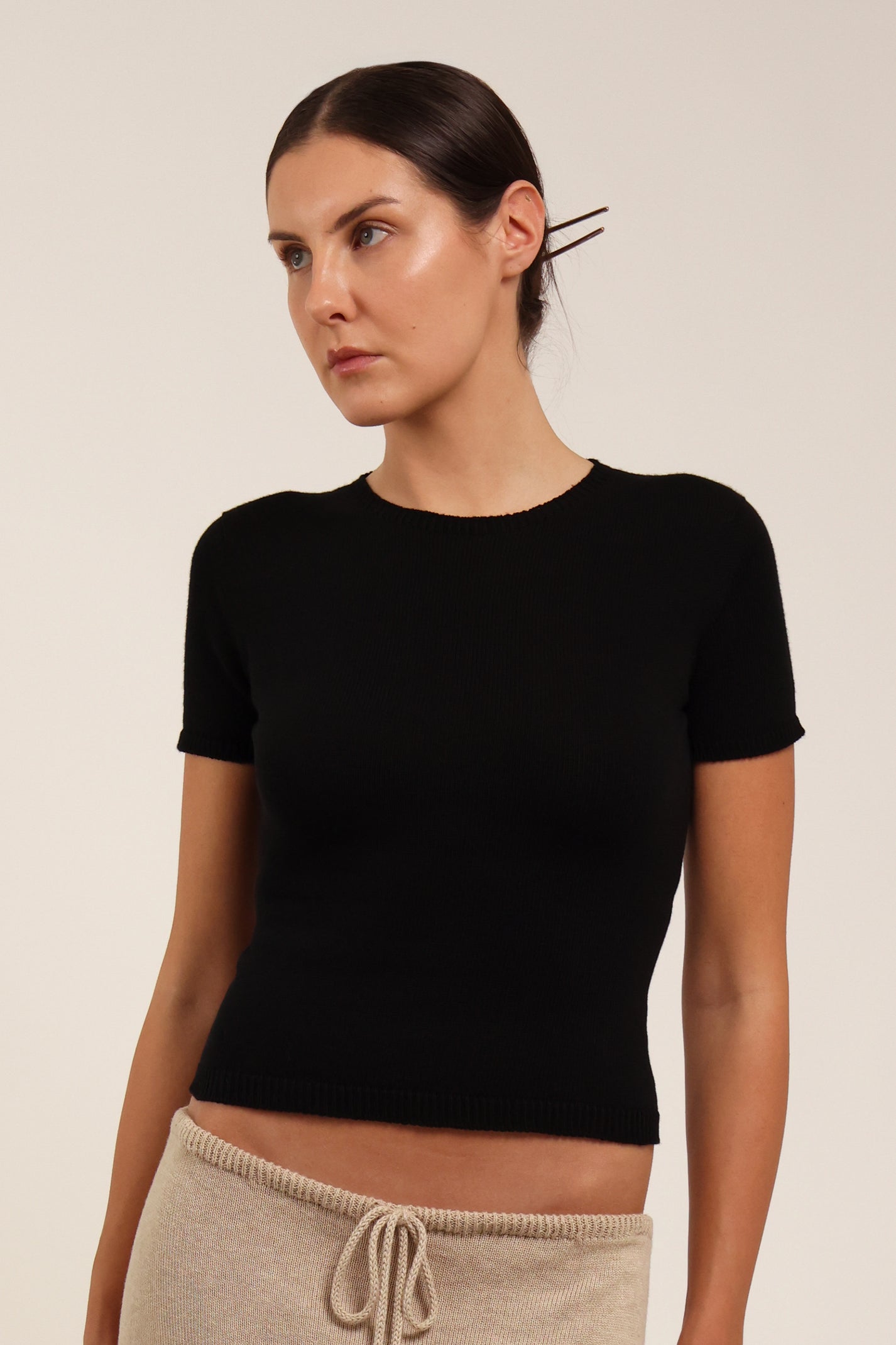 Fruitchouli Plain Knit Baby Tee in Black Organic Cotton SeaCell™ – Australian knitwear (Detail)