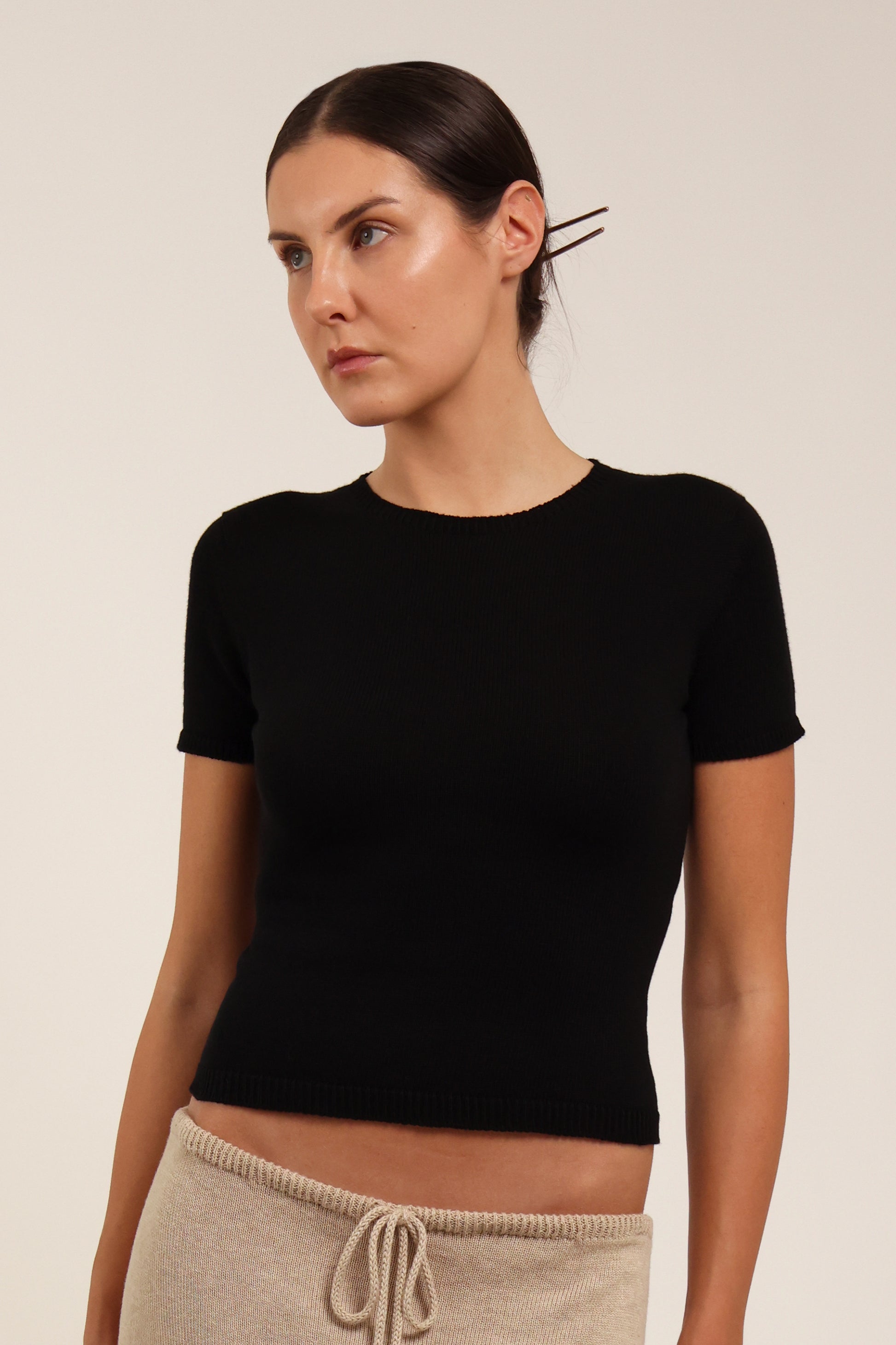 Fruitchouli Plain Knit Baby Tee in Black Organic Cotton SeaCell™ – Australian knitwear (Detail)