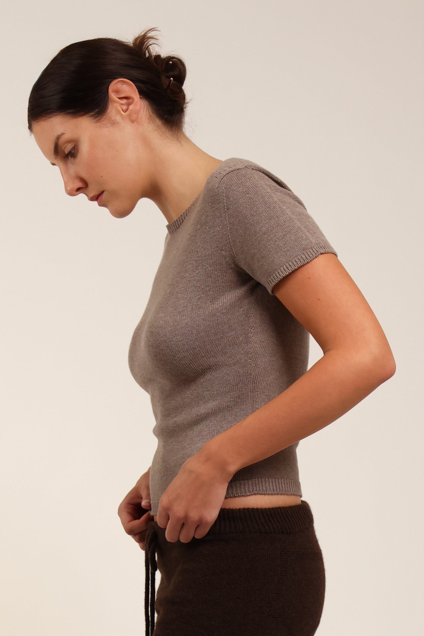 Fruitchouli Plain Knit Baby Tee in Mushroom Organic Cotton SeaCell™ – Australian knitwear (Side)