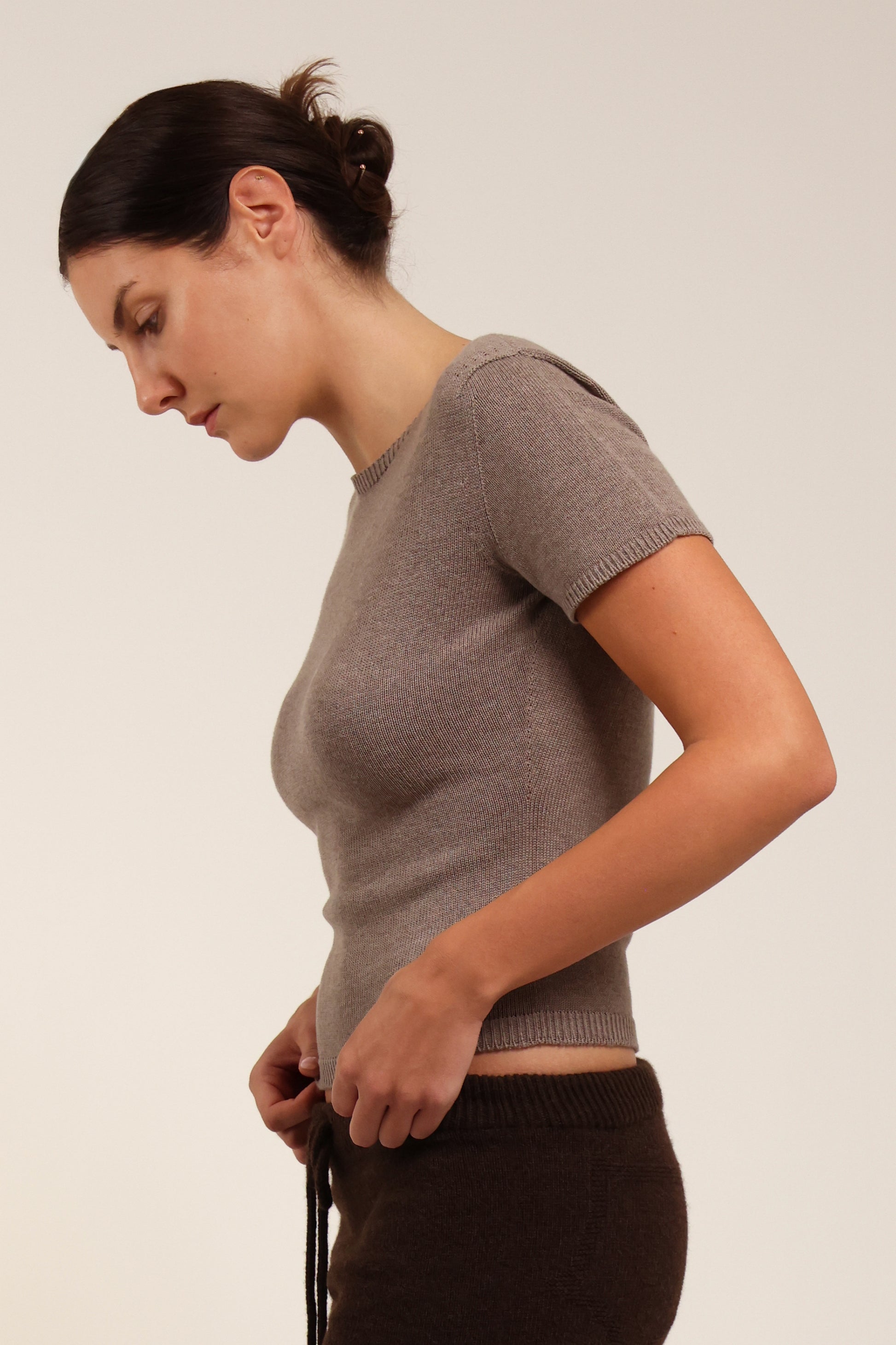 Fruitchouli Plain Knit Baby Tee in Mushroom Organic Cotton SeaCell™ – Australian knitwear (Side)