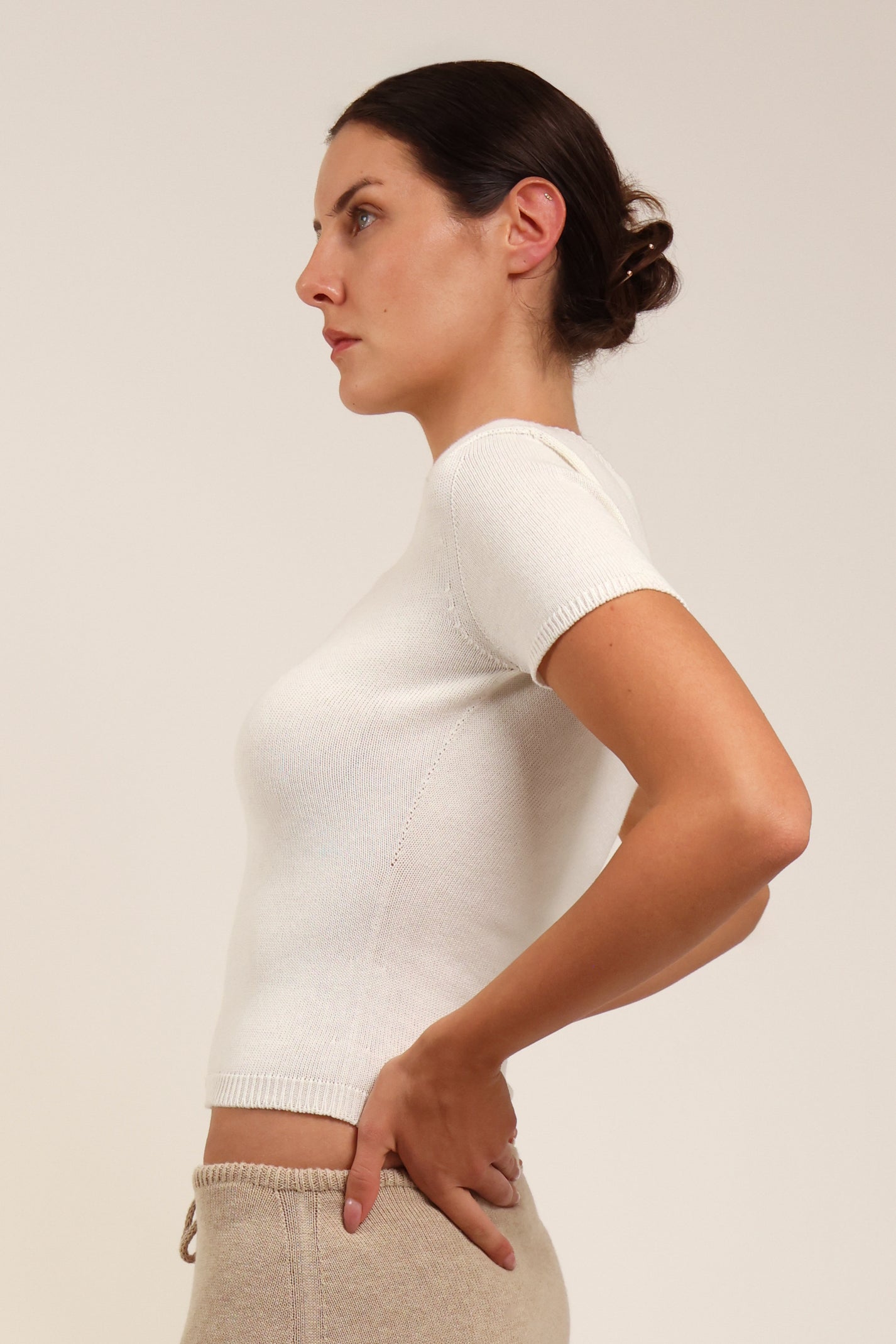 Fruitchouli Plain Knit Baby Tee in White Organic Cotton SeaCell™ – Australian knitwear (Detail)