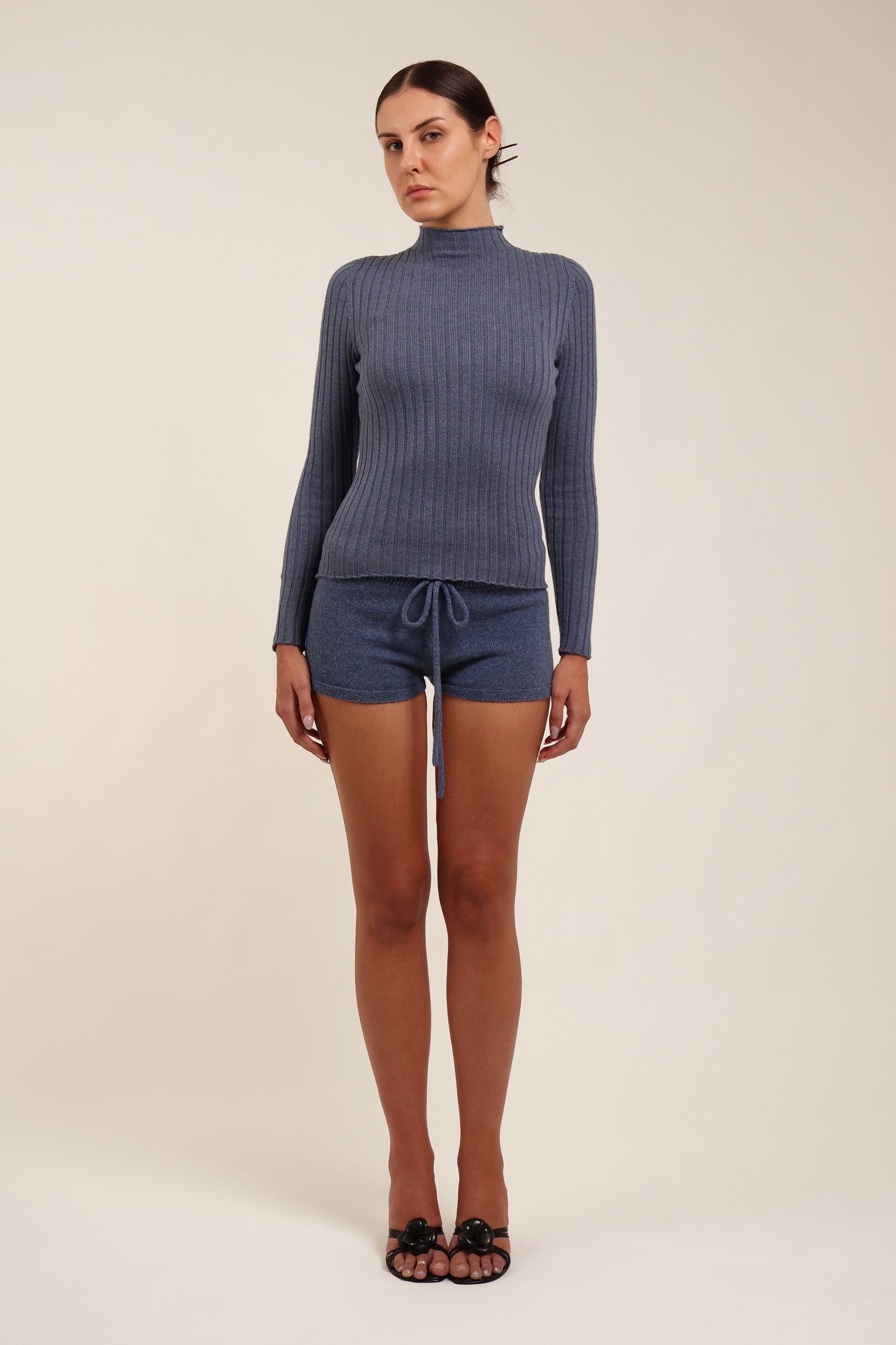 Fruitchouli Ribbed Mock Neck in Denim Organic Cotton Cashmere – Australian knitwear (Front)