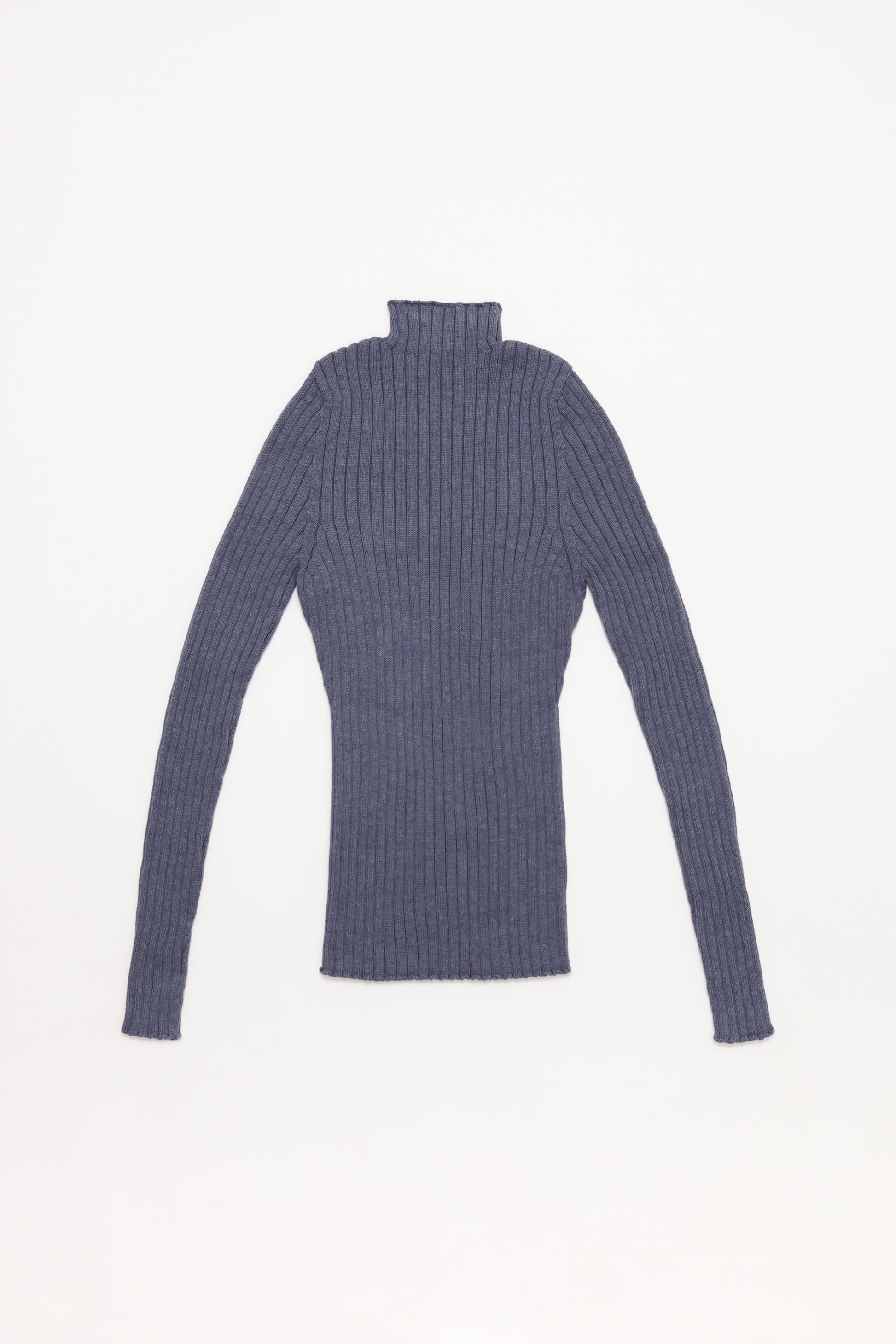 Fruitchouli Ribbed Mock Neck in Denim Organic Cotton Cashmere – Australian knitwear (Flat Lay Back)