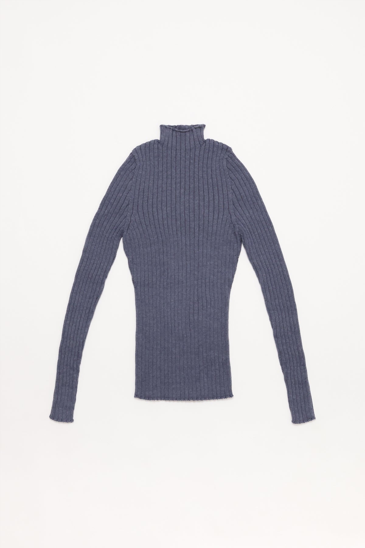 Fruitchouli Ribbed Mock Neck in Denim Organic Cotton Cashmere – Australian knitwear (Flat Lay Front)
