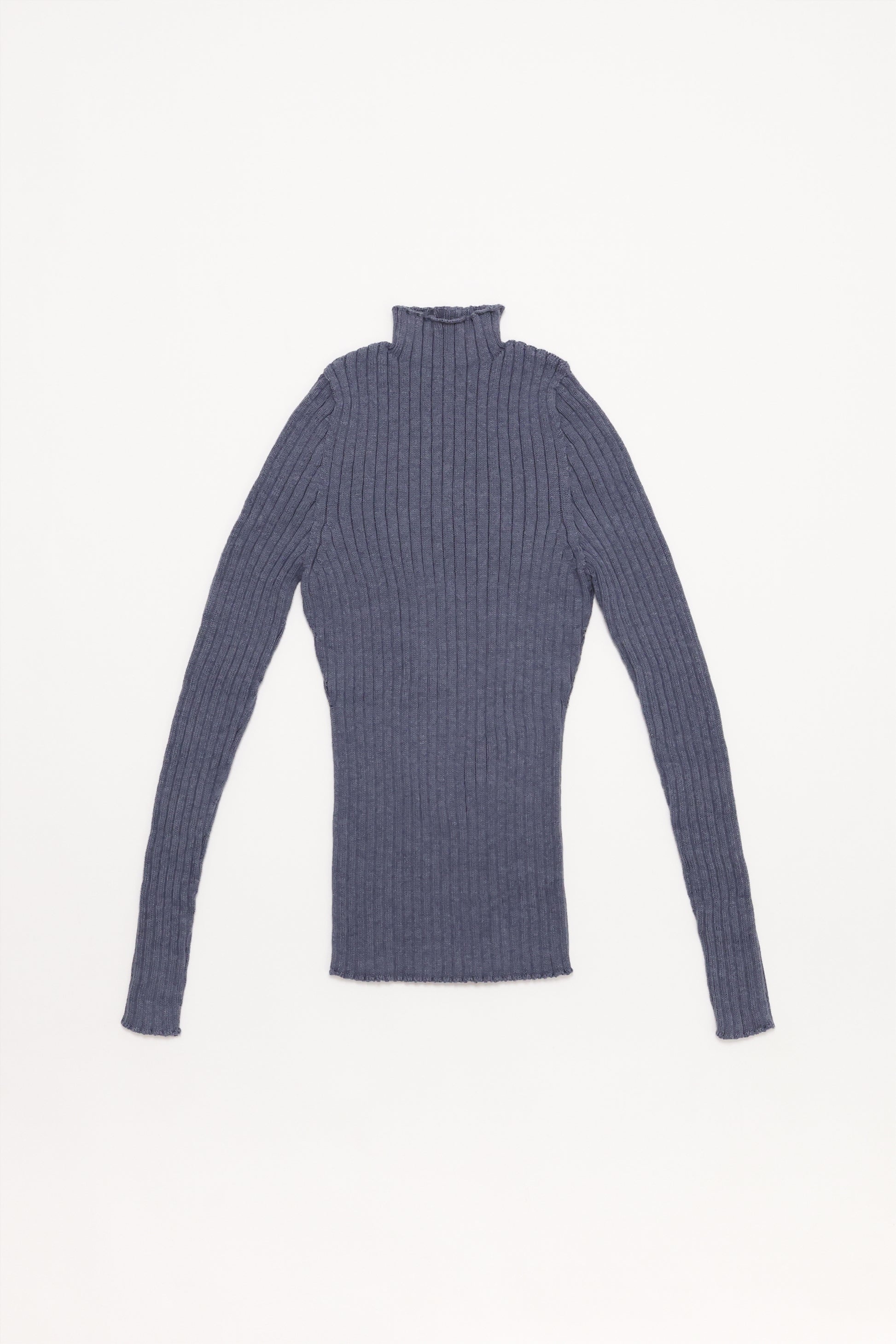 Fruitchouli Ribbed Mock Neck in Denim Organic Cotton Cashmere – Australian knitwear (Flat Lay Front)