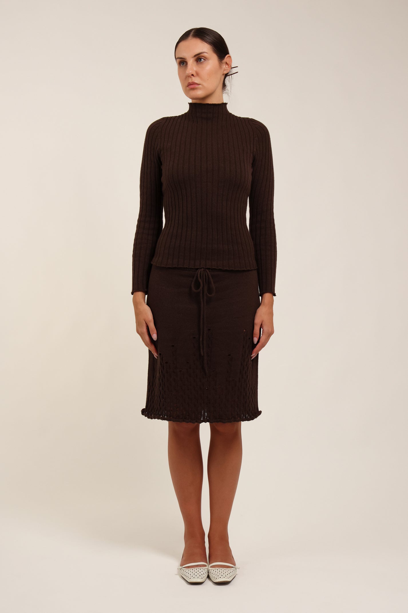 Fruitchouli Ribbed Mock Neck in Fruitchouli Brown Organic Cotton Cashmere – Australian knitwear (Front)