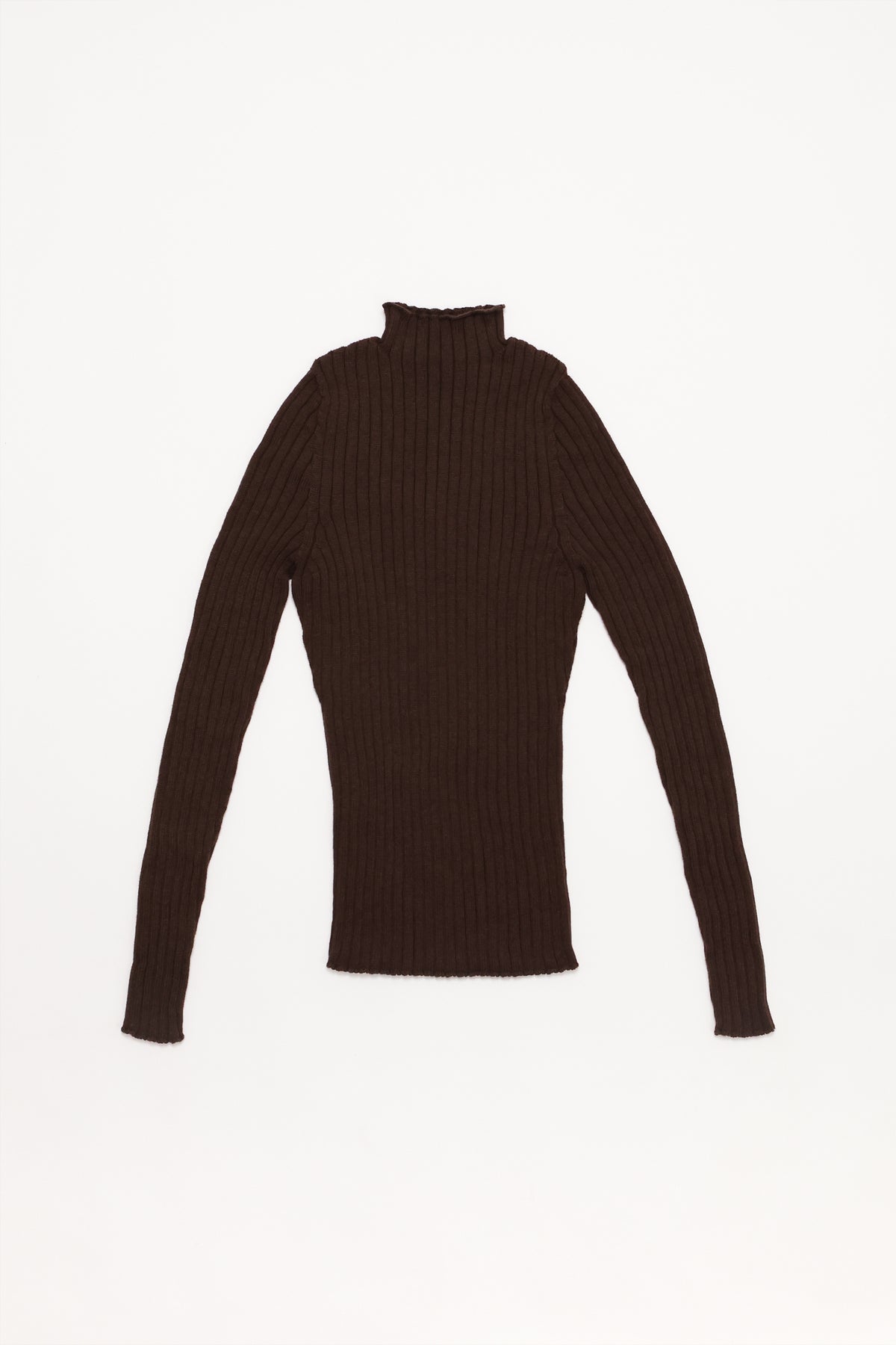 Fruitchouli Ribbed Mock Neck in Fruitchouli Brown Organic Cotton Cashmere – Australian knitwear (Flat Lay Front)
