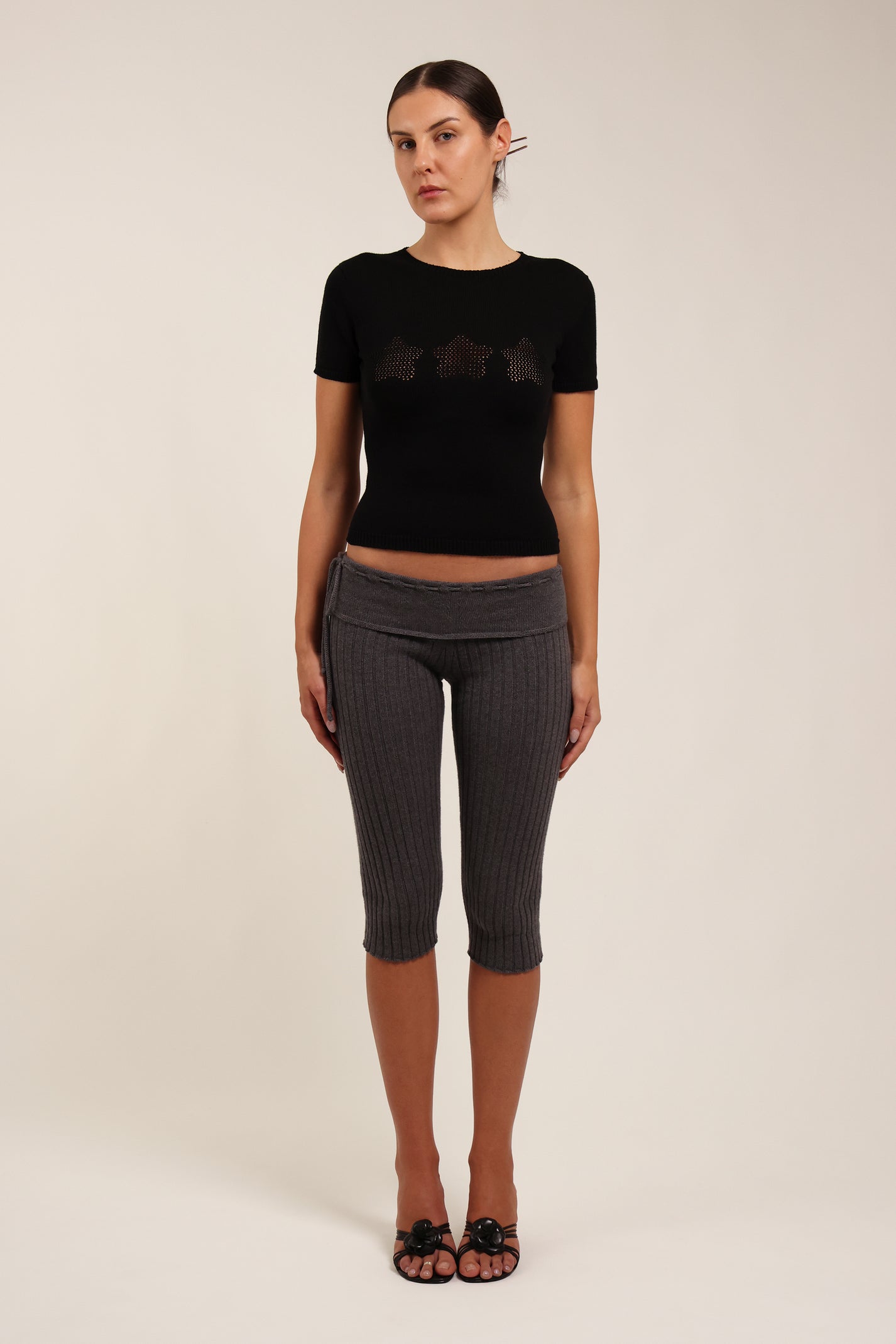 Fruitchouli Stars Openwork Baby Tee in Black Organic Cotton SeaCell™ – Australian knitwear (Front)