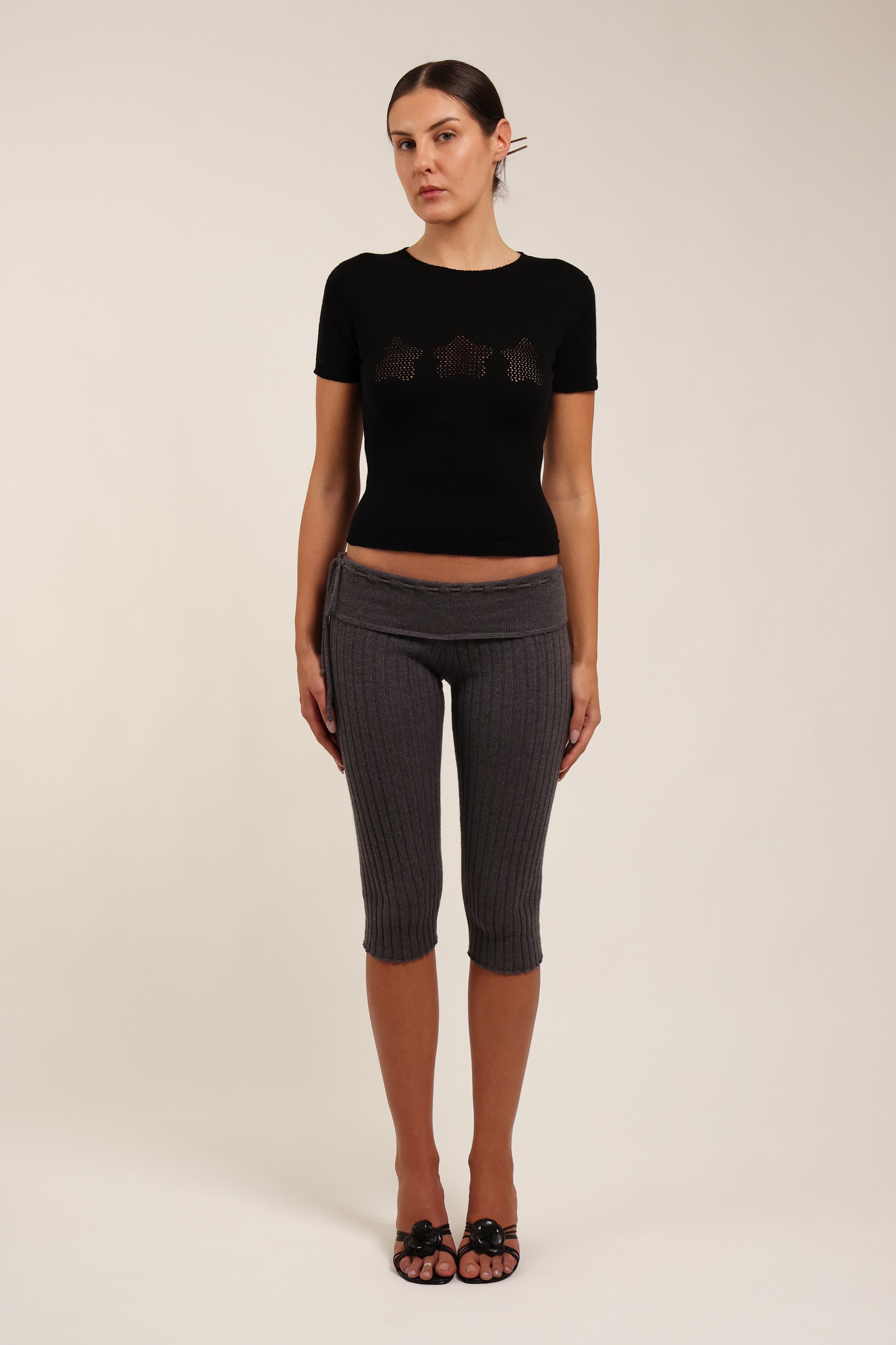 Fruitchouli Stars Openwork Baby Tee in Black Organic Cotton SeaCell™ – Australian knitwear (Front)