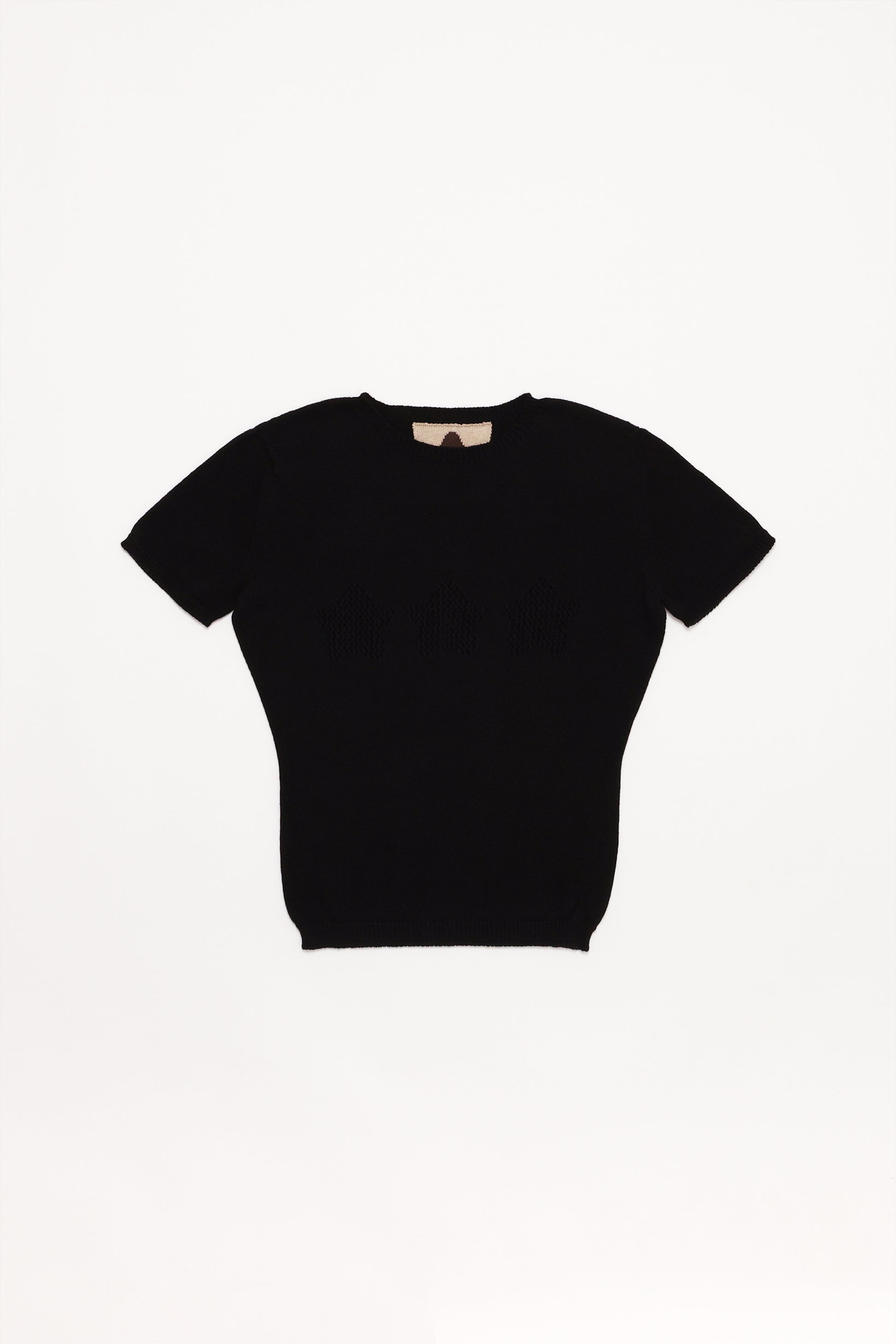 Fruitchouli Stars Openwork Baby Tee in Black Organic Cotton SeaCell™ – Australian knitwear (Flat Lay Front)