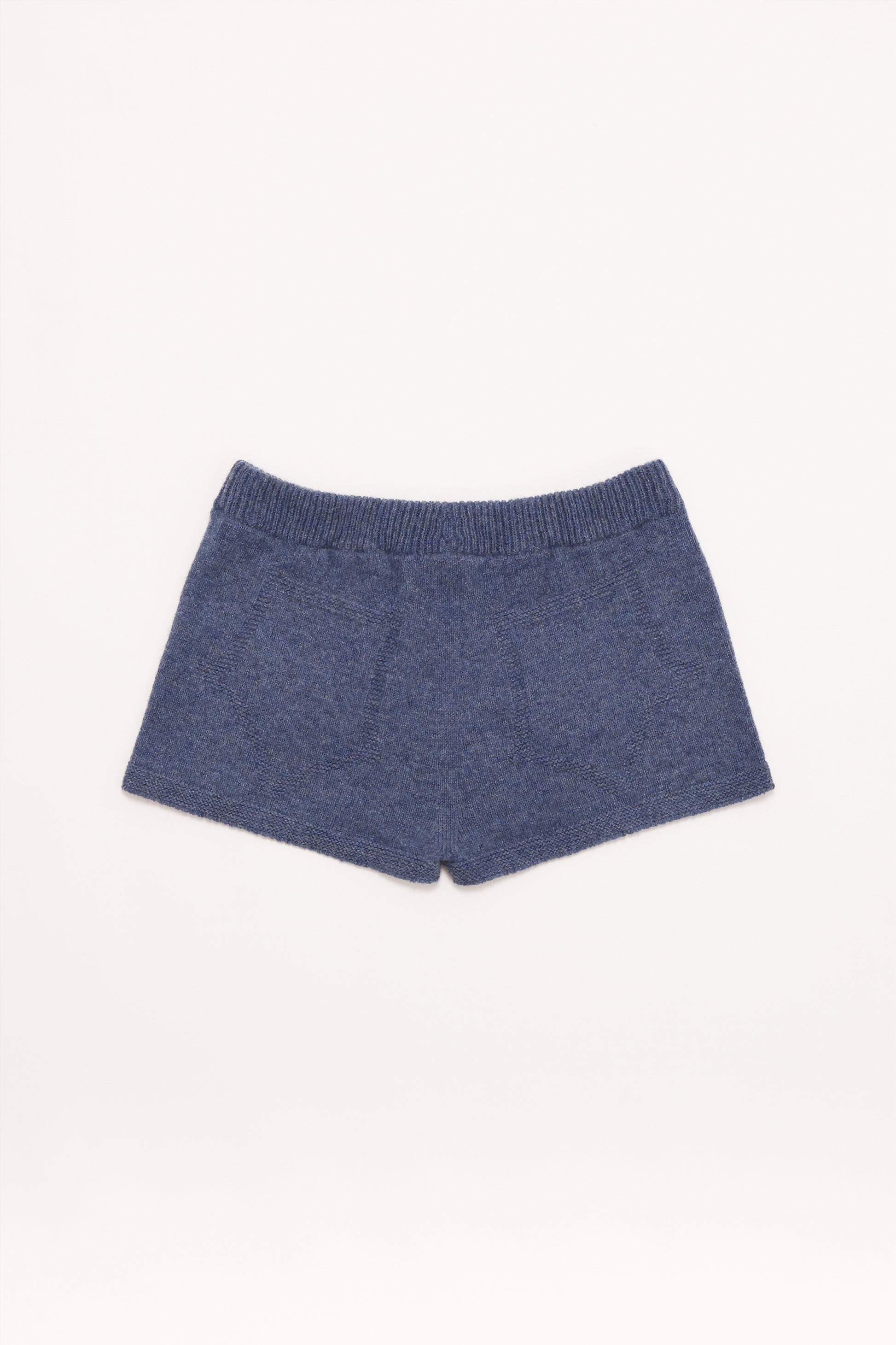 Fruitchouli Trompe L’Oeil Micro Shorts in Denim Yak – Australian knitwear (Flat Lay Back)