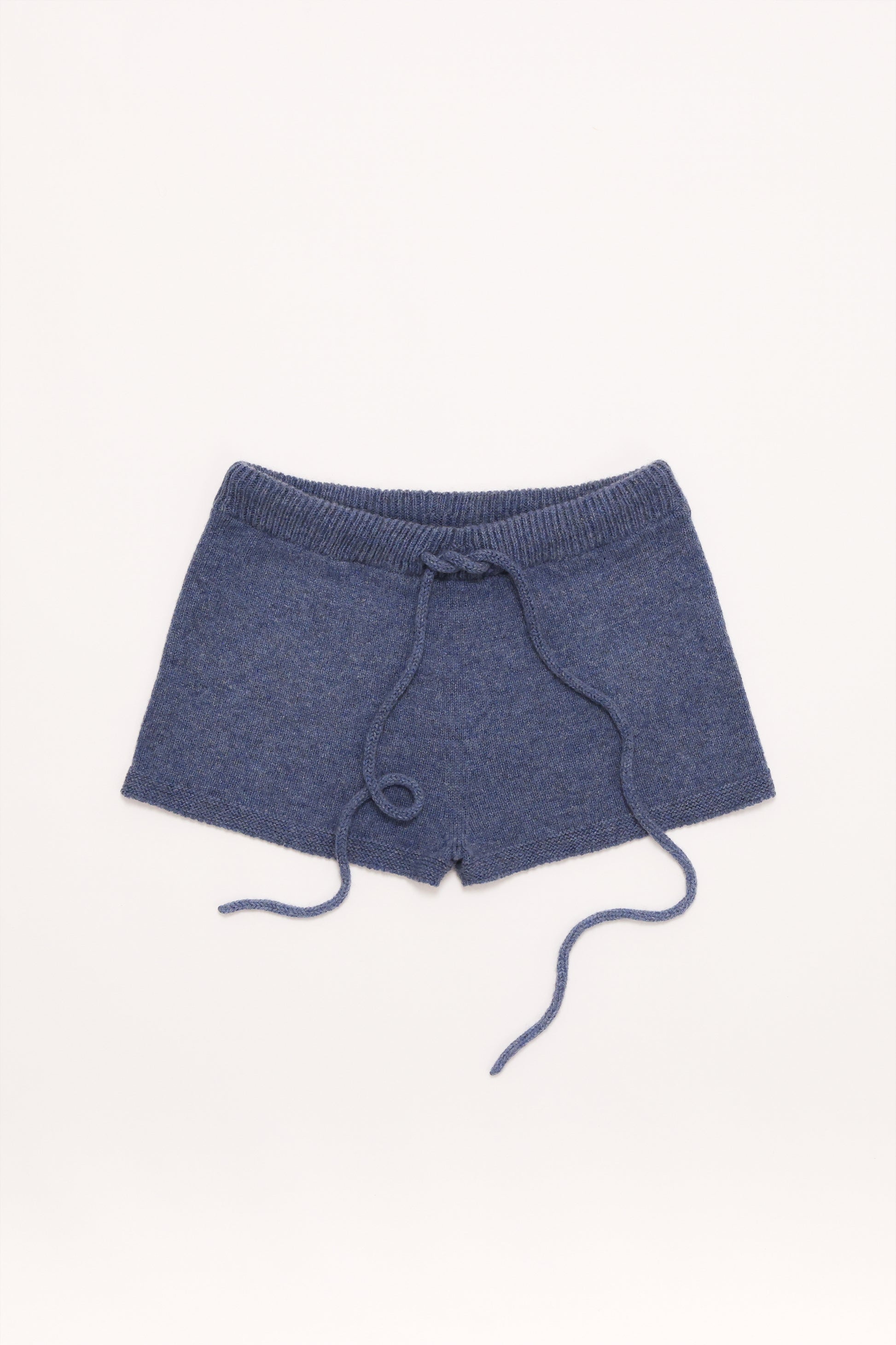 Fruitchouli Trompe L’Oeil Micro Shorts in Denim Yak – Australian knitwear (Flat Lay Front)
