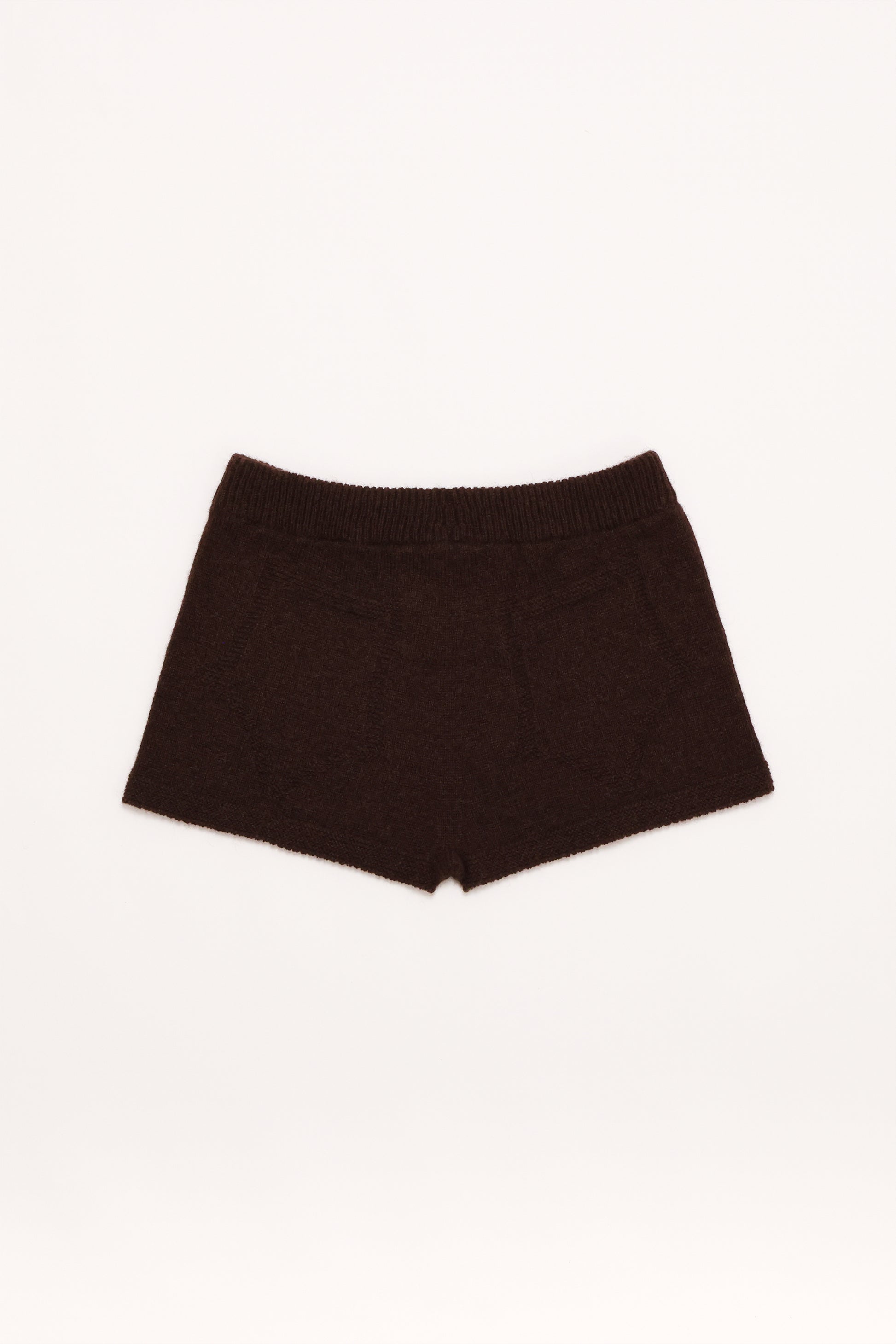 Fruitchouli Trompe L’Oeil Micro Shorts in Natural Brown Yak – Australian knitwear (Flat Lay Back)