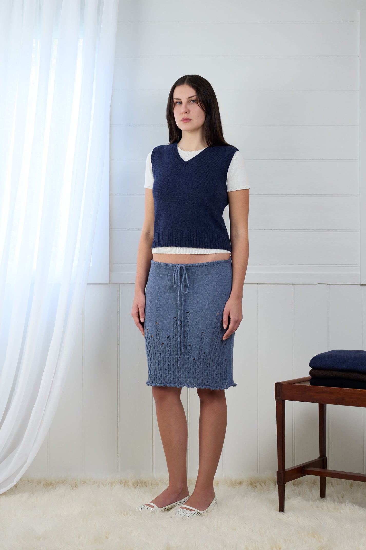 Fruitchouli Ladder Illusion Skirt in Denim Organic Cotton Cashmere – Australian knitwear (3 Quarter)