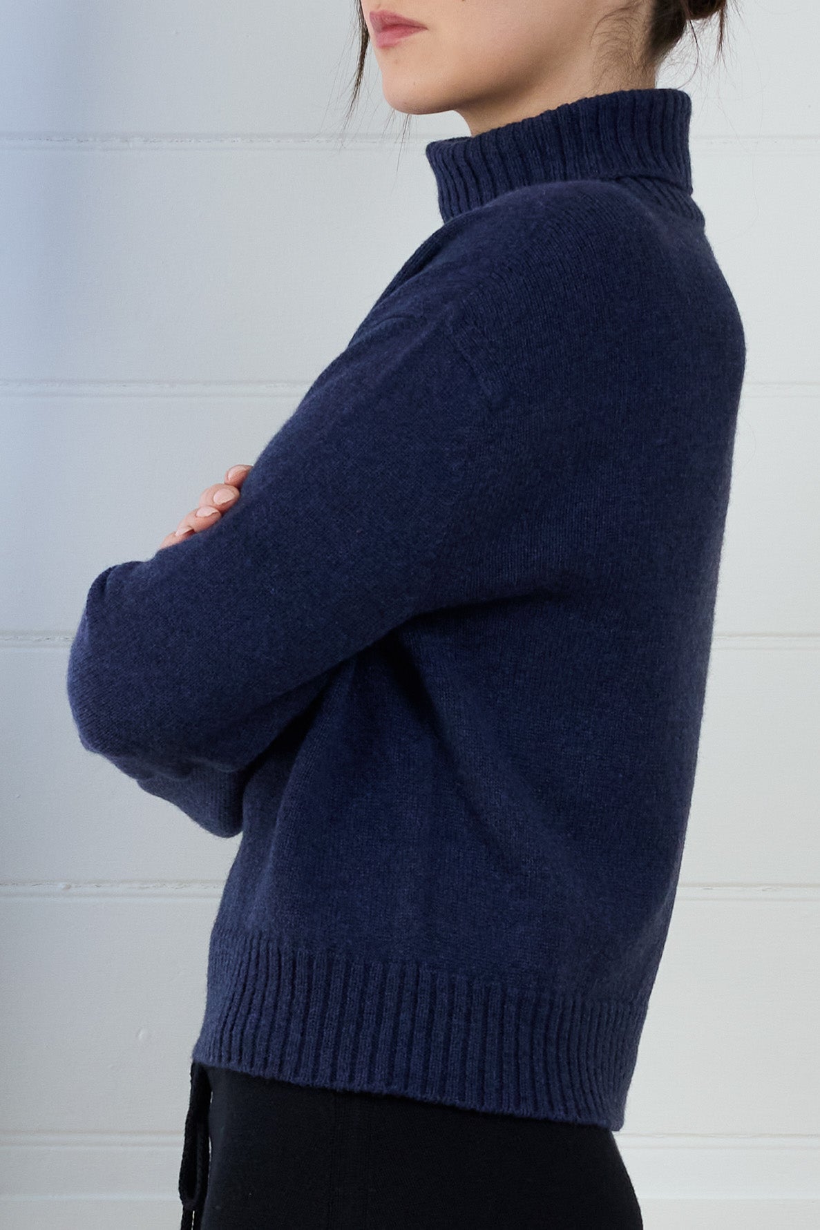 Fruitchouli Relaxed Turtleneck Sweater in Navy Yak – Australian knitwear (Detail Side)