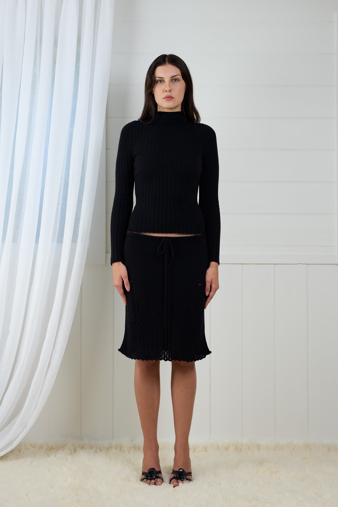 Fruitchouli Ribbed Mock Neck in Black Organic Cotton Cashmere – Australian knitwear (Flat Lay Front)