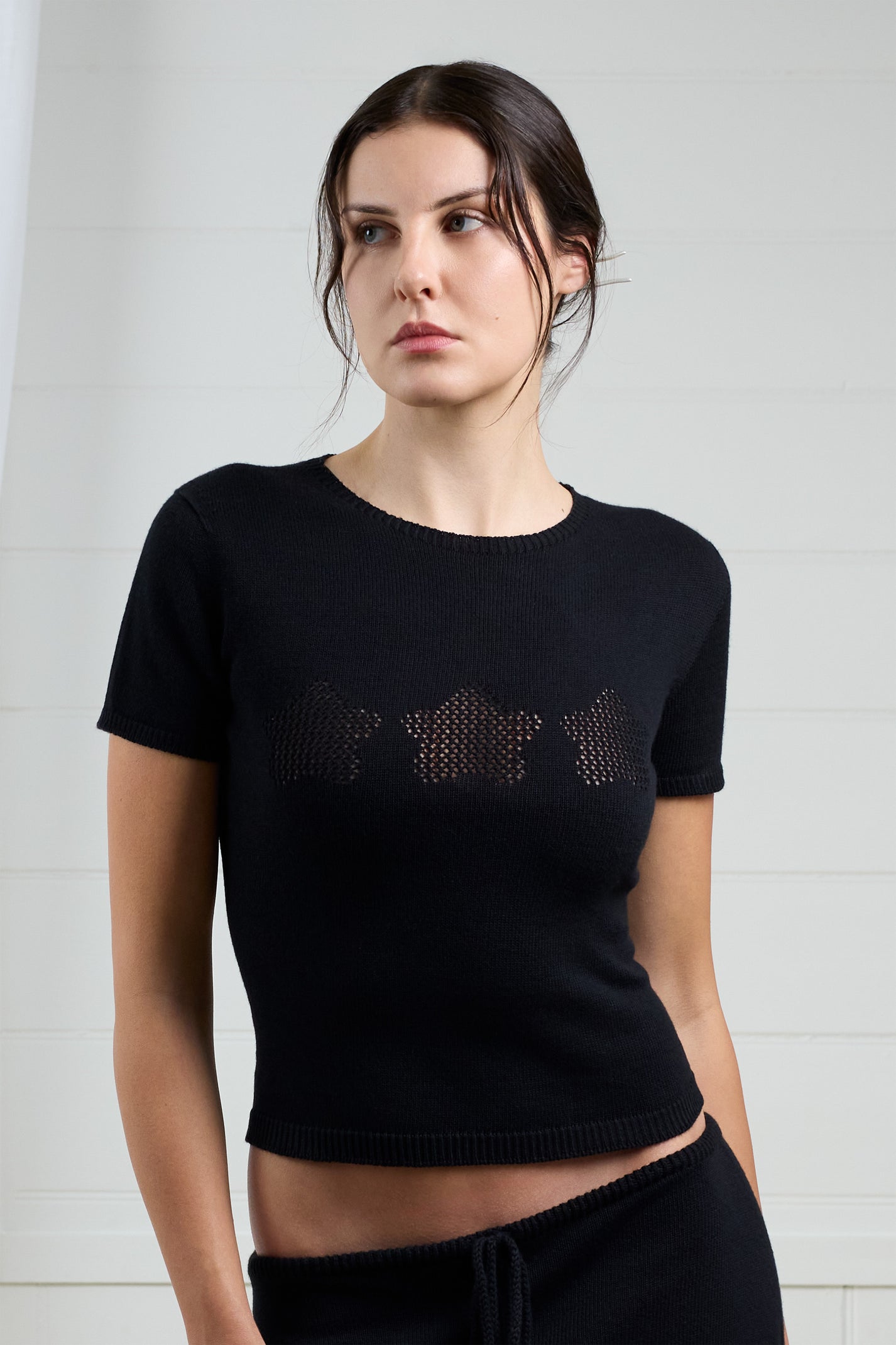 Fruitchouli Stars Openwork Baby Tee in Black Organic Cotton SeaCell™ – Australian knitwear (Detail1)
