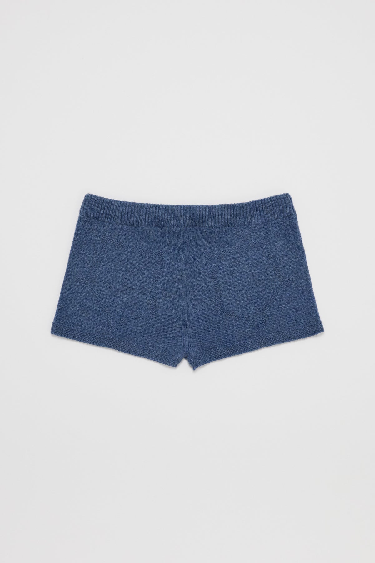 Fruitchouli Trompe L’Oeil Micro Shorts in Denim Yak – Australian knitwear (Flat Lay Back)