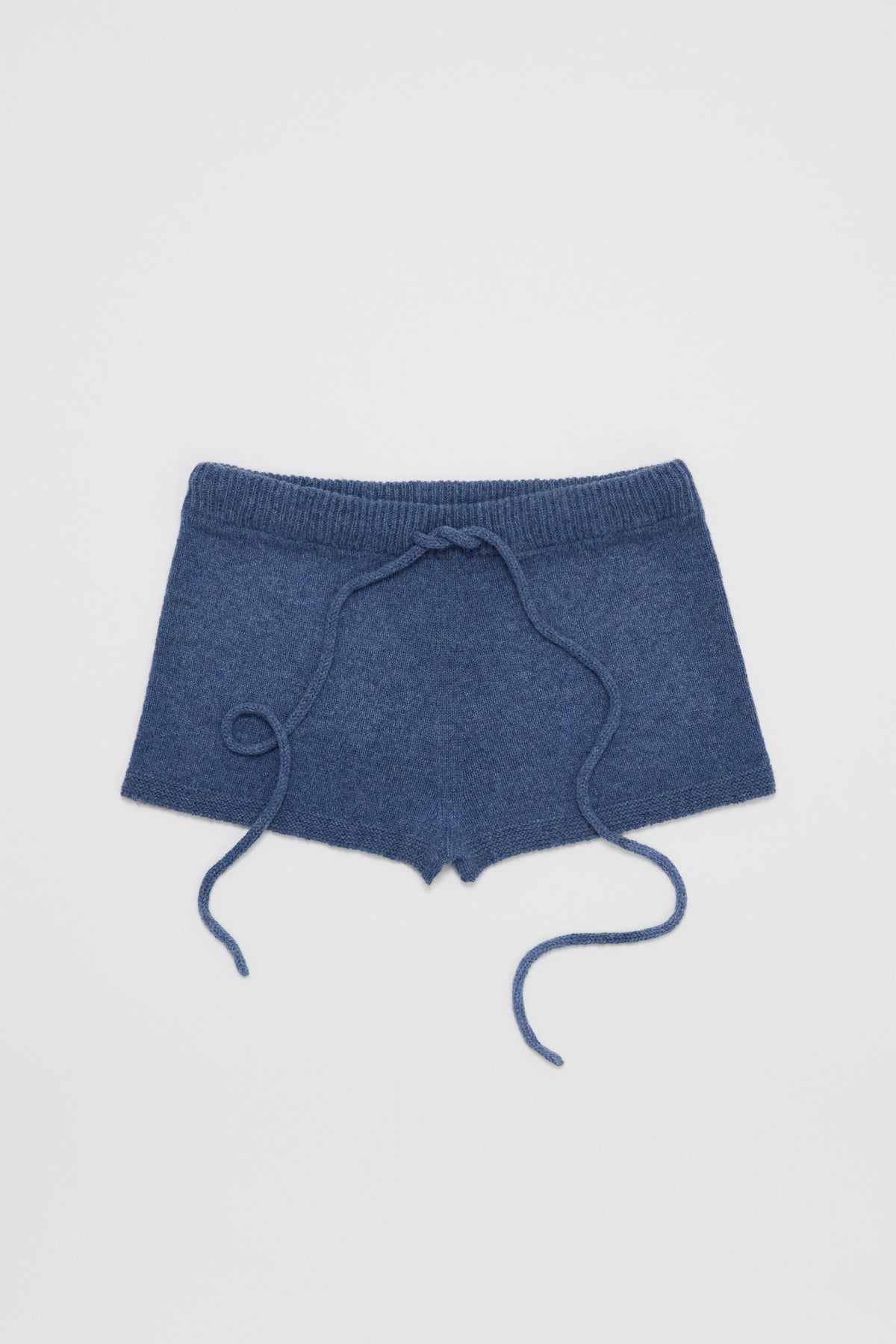 Fruitchouli Trompe L’Oeil Micro Shorts in Denim Yak – Australian knitwear (Flat Lay Front)