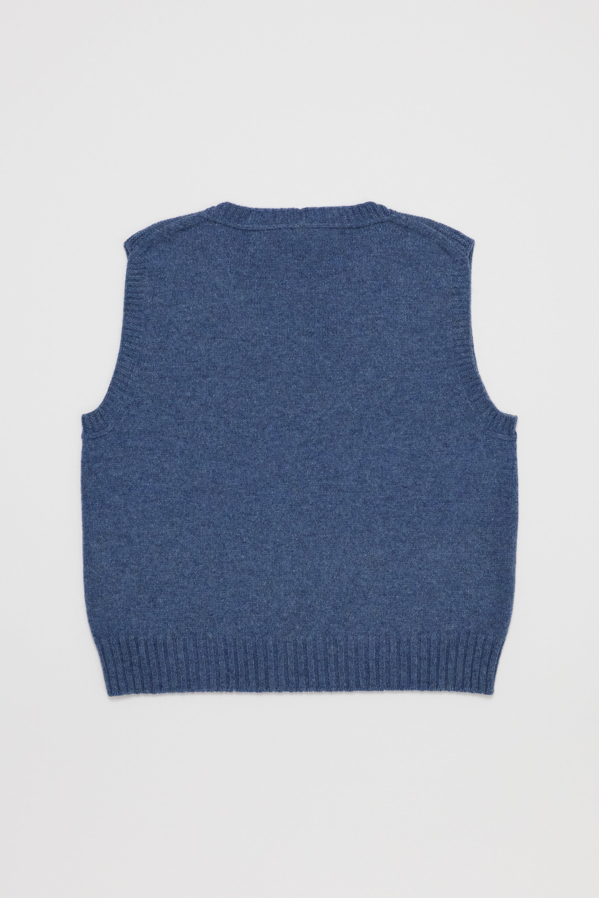 Fruitchouli V-Neck Vest in Denim Yak – Australian knitwear (Flat Lay Back)