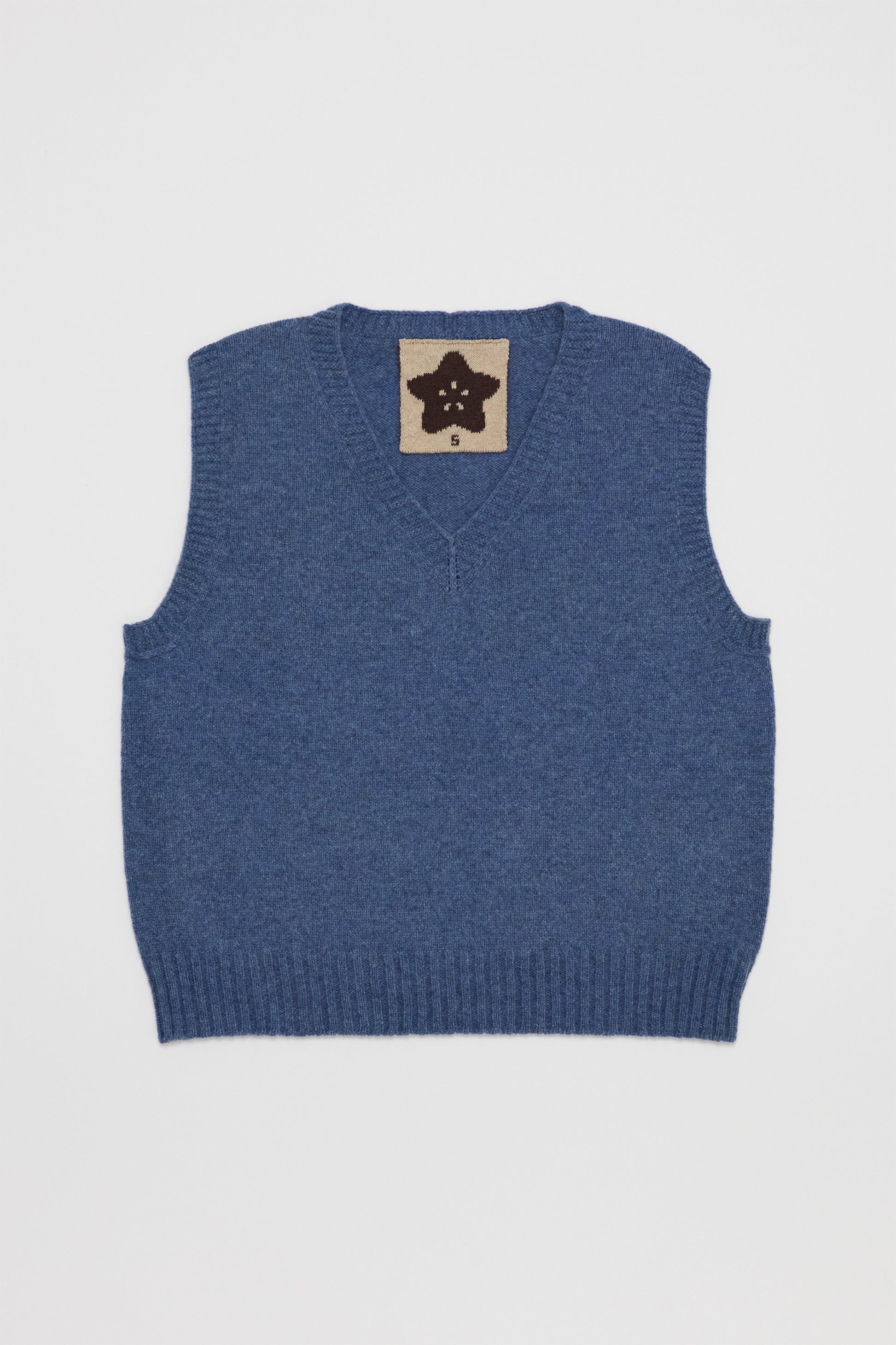 Fruitchouli V-Neck Vest in Denim Yak – Australian knitwear (Flat Lay Front)