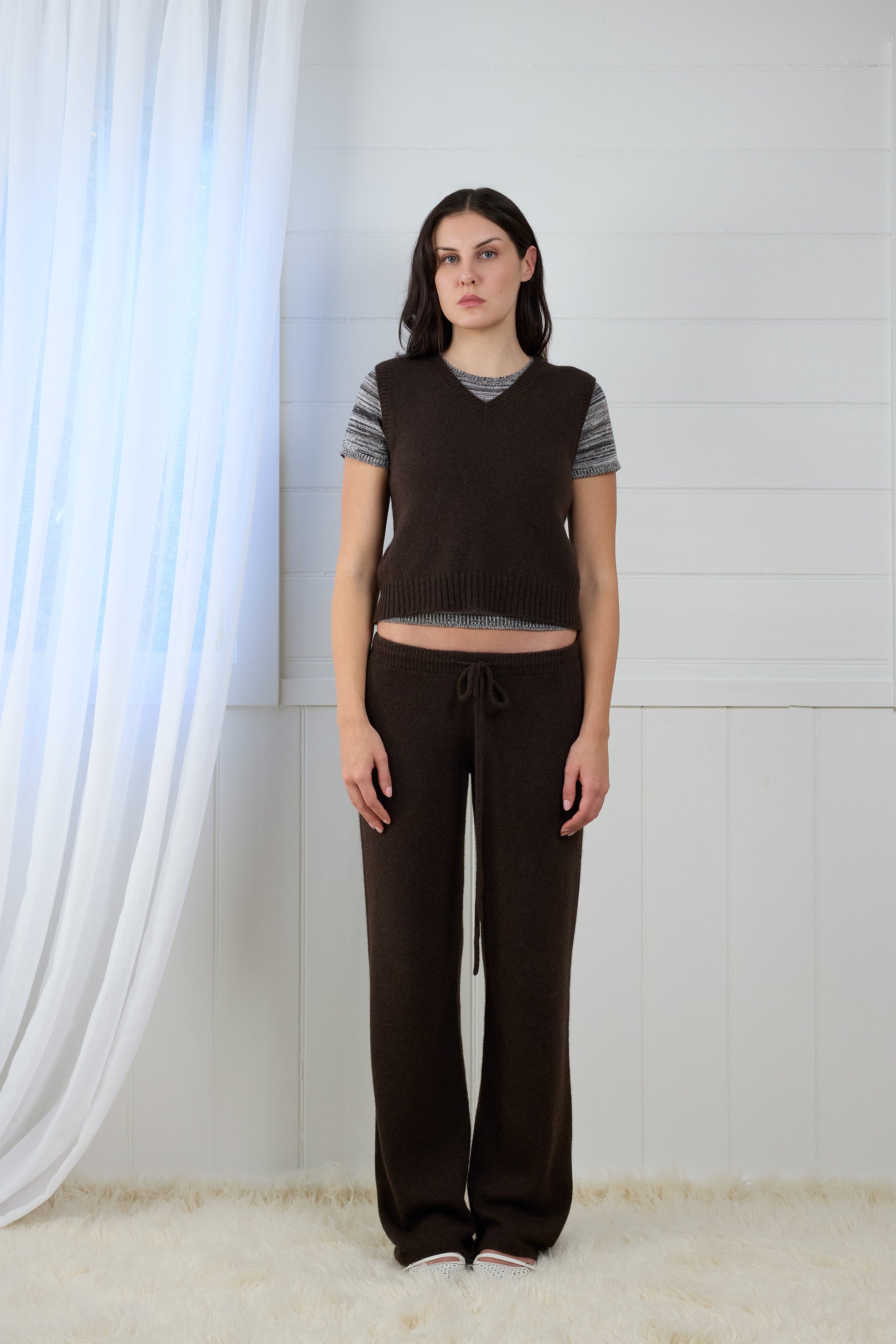 Fruitchouli V-Neck Vest in Natural Brown Yak – Australian knitwear (Front)
