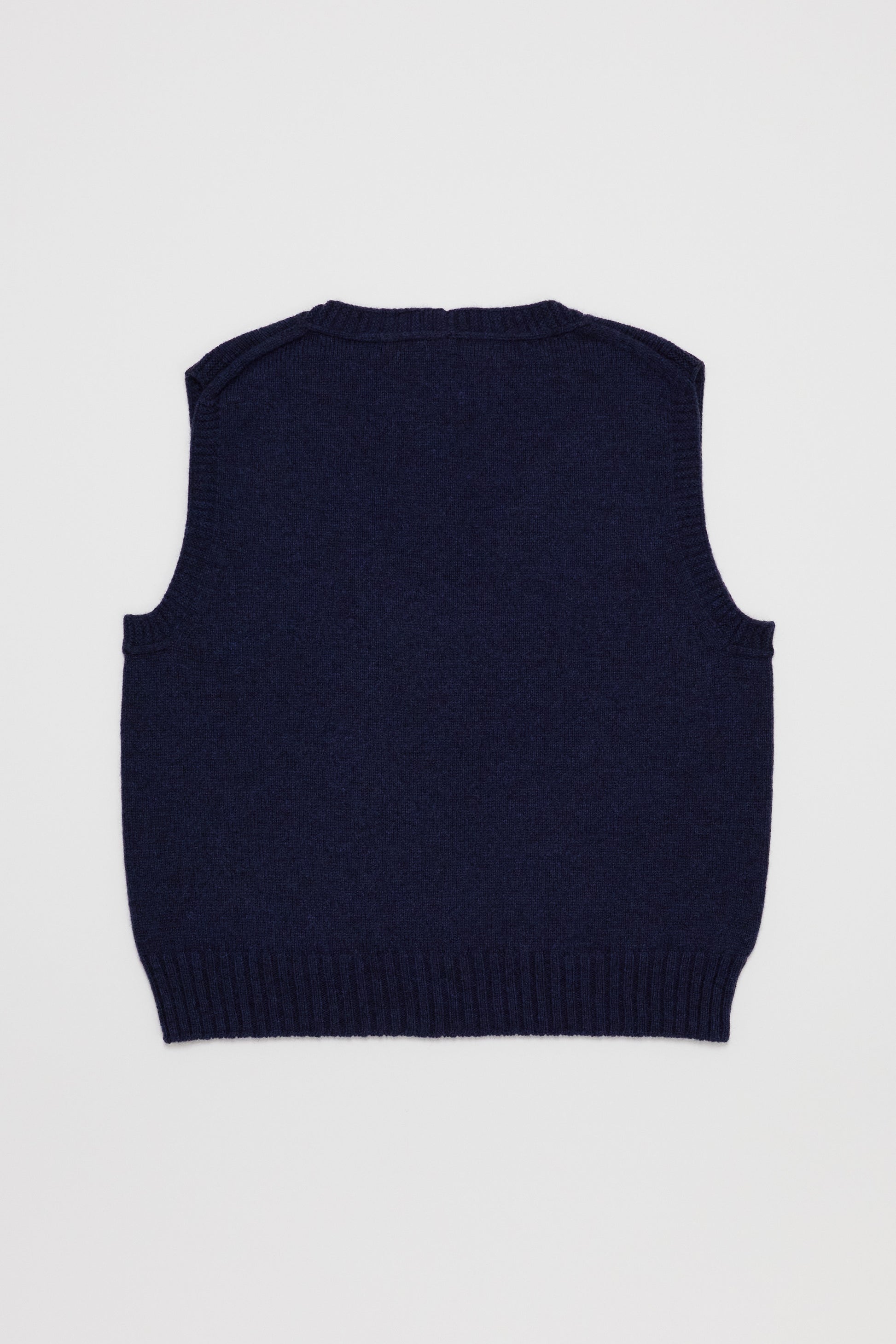 Fruitchouli V-Neck Vest in Navy Yak – Australian knitwear (Flat Lay Back)